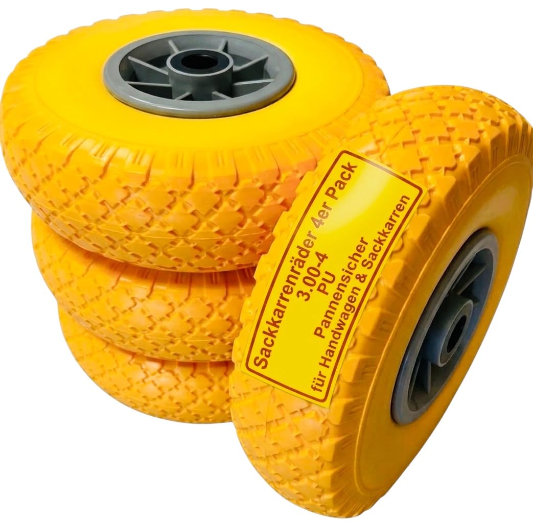 4x Sackkarrenrad Pannensicher VOLLGUMMIREIFEN Ø 260mm, Nabe Ø20×75mm, 3.00-4, für Sackkarren Bollerwagen, Rad Ersatzrad Reifen Räder für Sackkarre Bollerwagenrad Sackkarrenräder, Gelb/Grau, PU