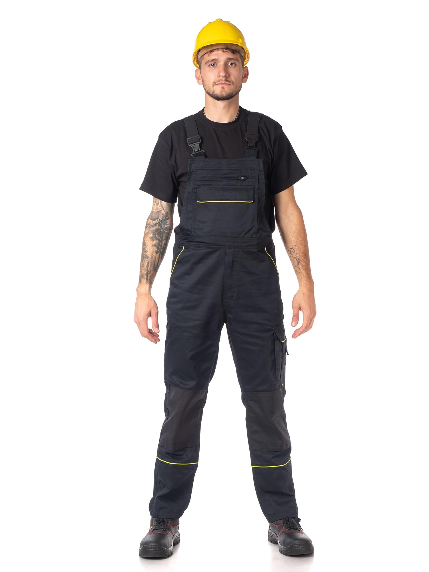 DINOZAVR Fortum Salopette De Travail Homme Avec Ceinture Élastique, Renforts CORDURA, 2 Poches Avant Et Poitrine, Poche Cargo, Renfort Genoux, Bretelles Élastiques, Salopette Homme Noir 60