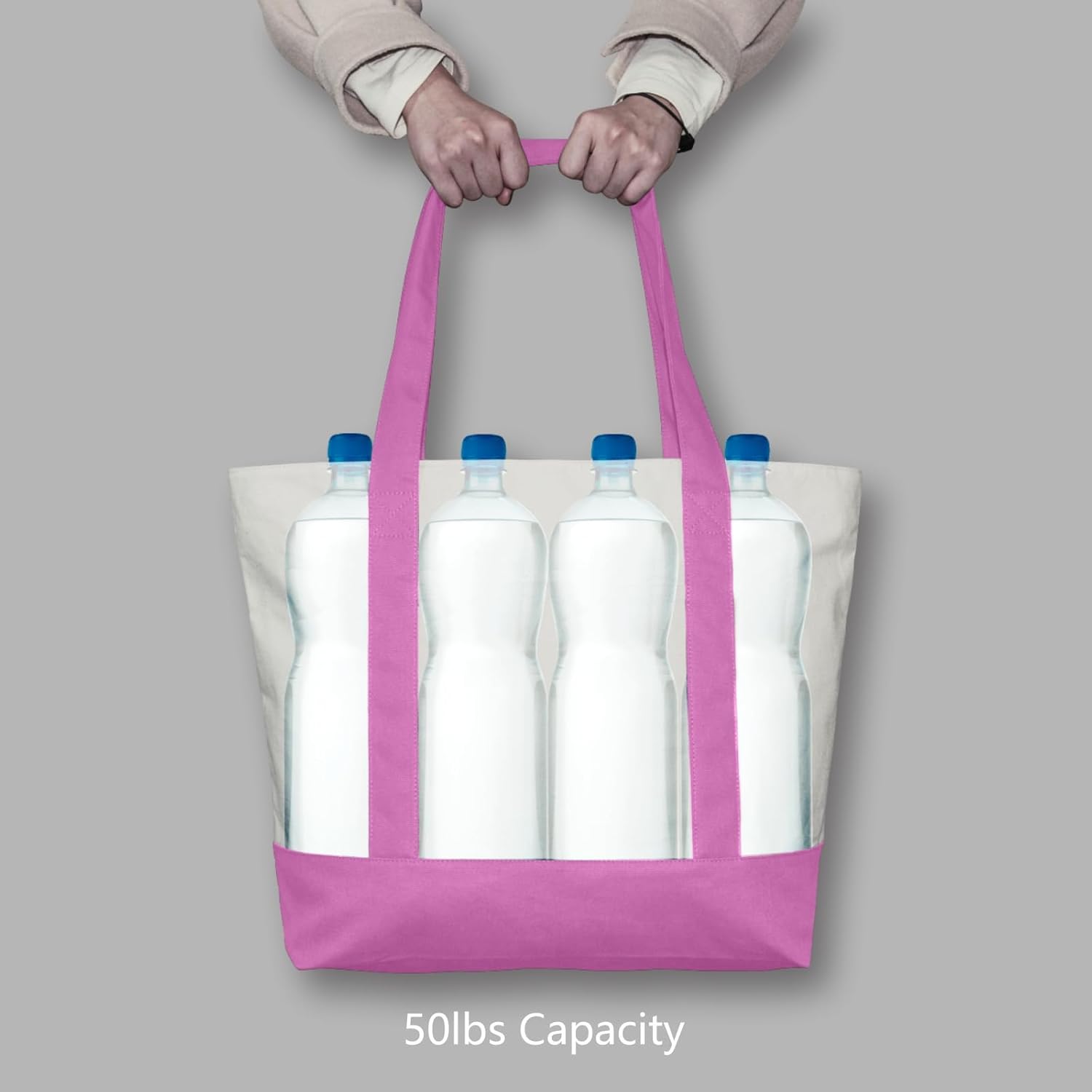 TOPDesign 3-Pack Canvas Tote Bags with an External Pocket, Reusable Grocery Shopping Bags, Top Zipper Closure, Daily Essentials (Light Purple/Natural) - Image 6