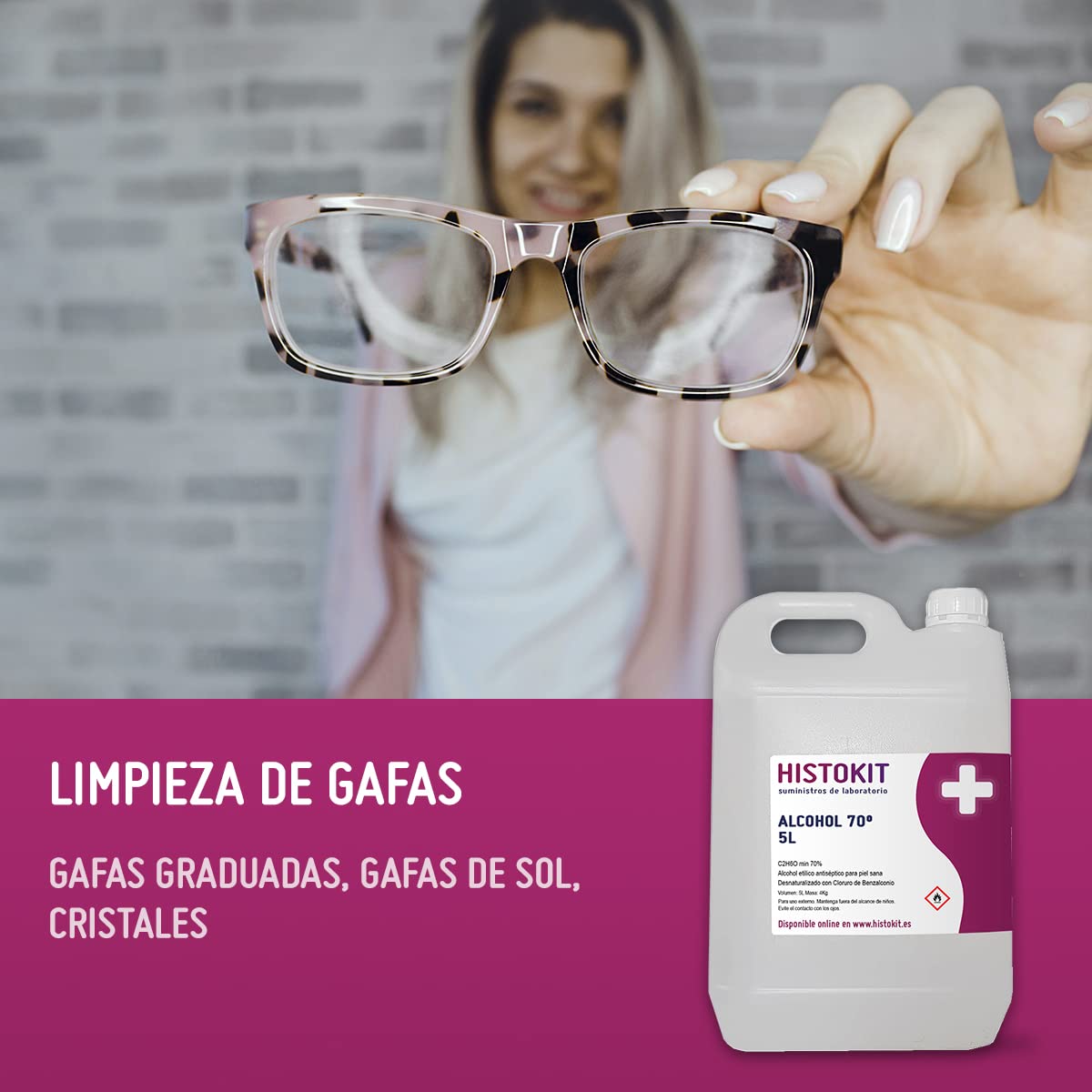 Alcohol etílico 70° antiséptico HISTOKIT 5 Litros. Etanol con benzalconio. Desinfección de piel sana y Limpieza desuperficies.