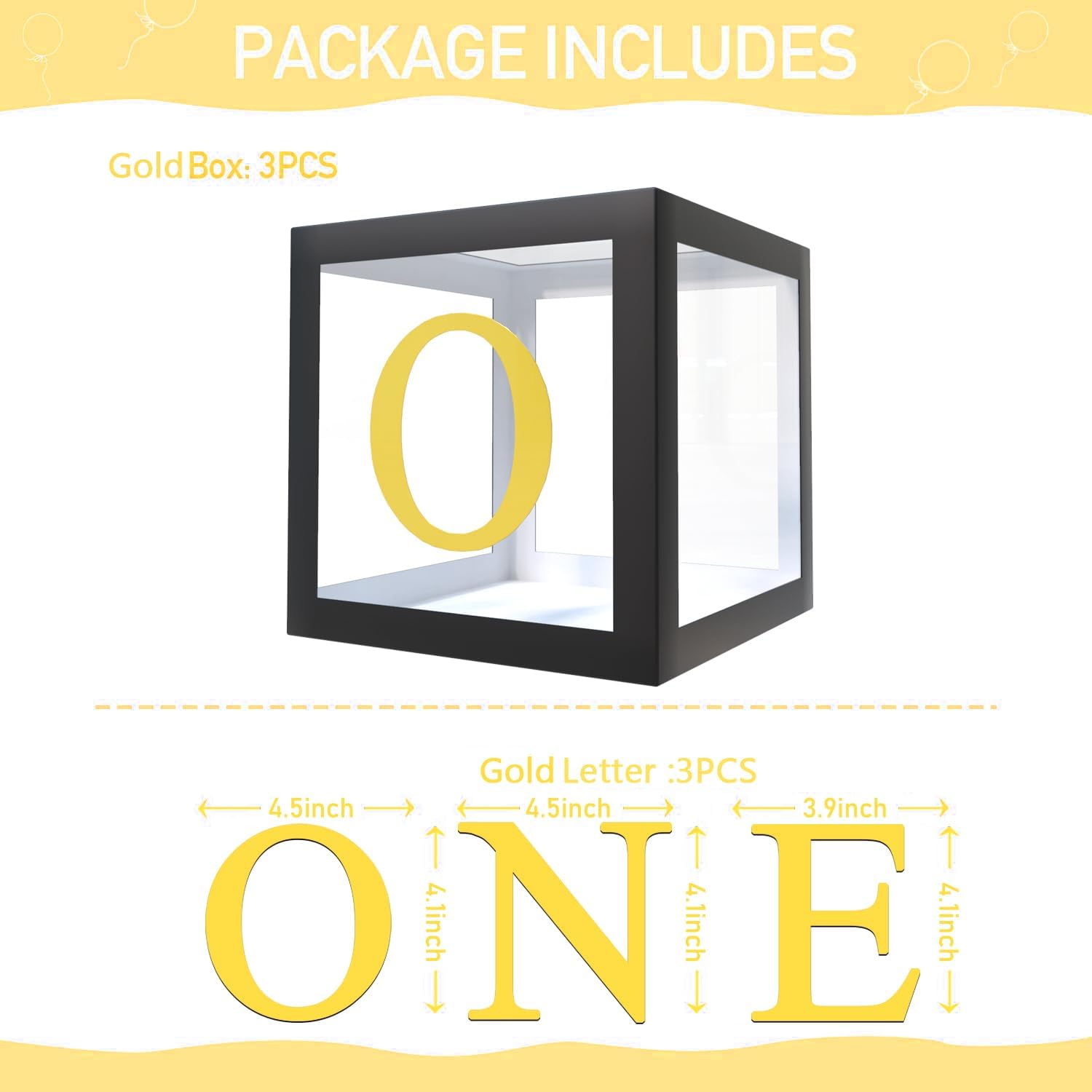 bunldapoog One Balloon Boxes for Party Decorations 3 Pcs First Birthday Balloon with ONE Letter Box for Baby Clear Cube Block Photoshoot Props Cake Smash Backdrop (Black 1)