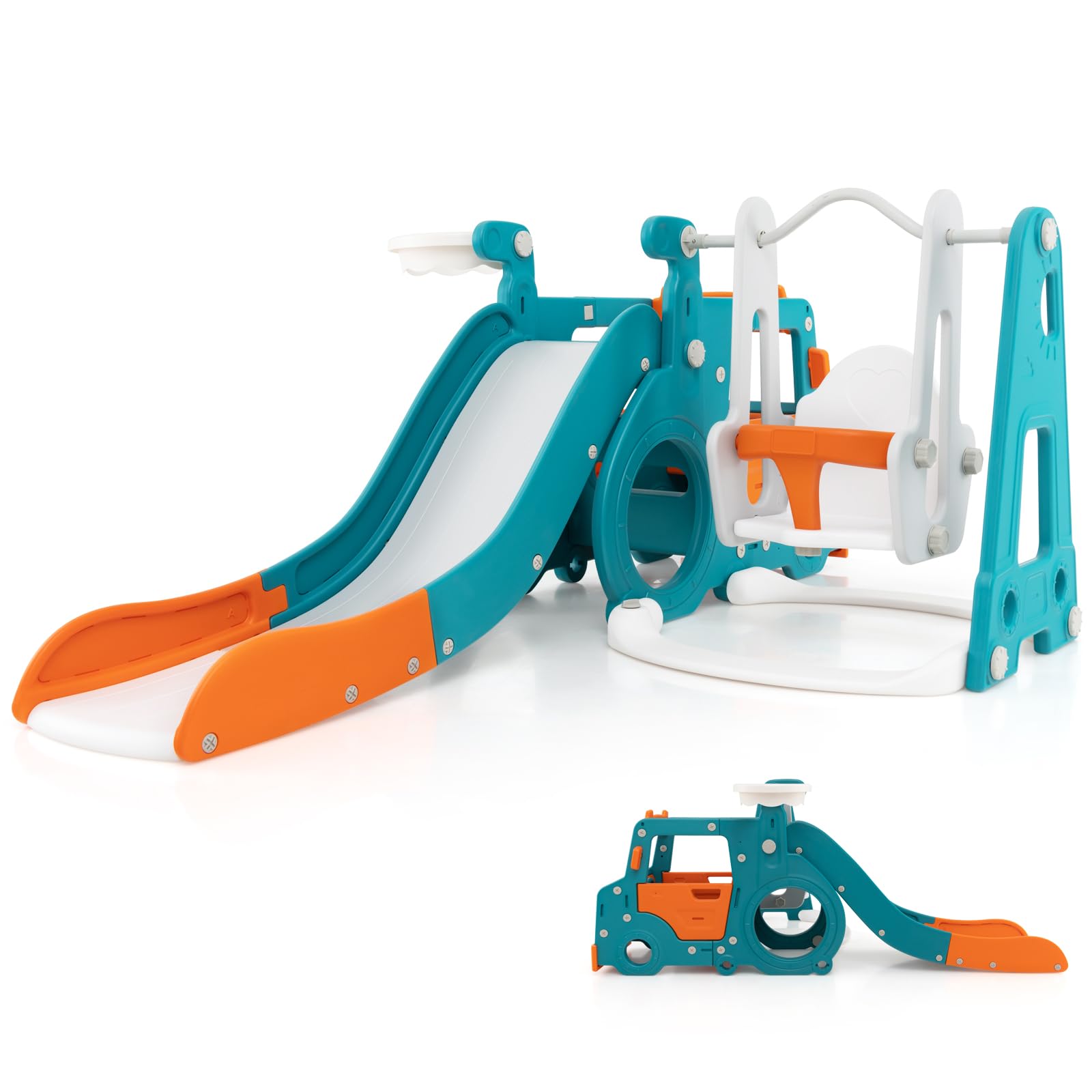 Maxmass 5 in 1 Kids Slide and Swing Set, Toddler Slide Climber Playset with Basketball Hoop, Mini Bus, Crawling Tunnel, Indoor Outdoor Children Activity Center for 18+ Months Old