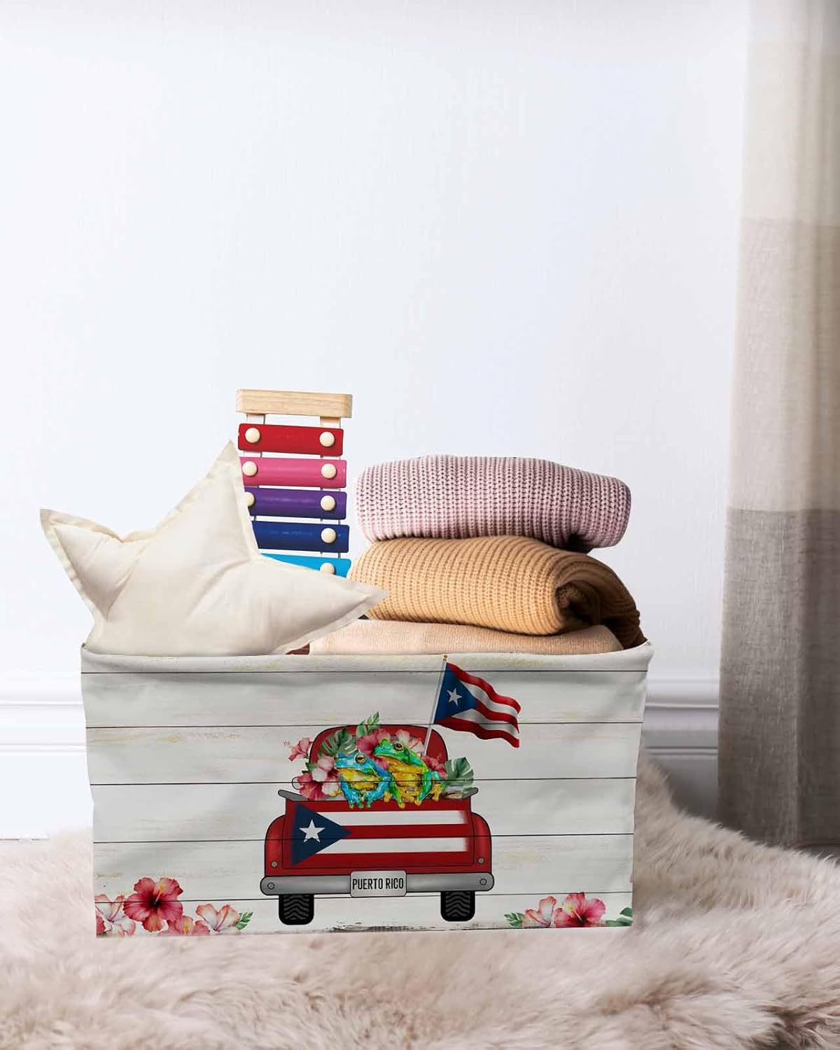 Puerto Rican Flag Storage Bins Cubes Waterproof Cloth Storage Basket, Vintage Country Truck Flowers Wooden Grain Foldable Storage Bags for Clothes Storage Organizers with Handles 15x11x9.5 in 1PCS