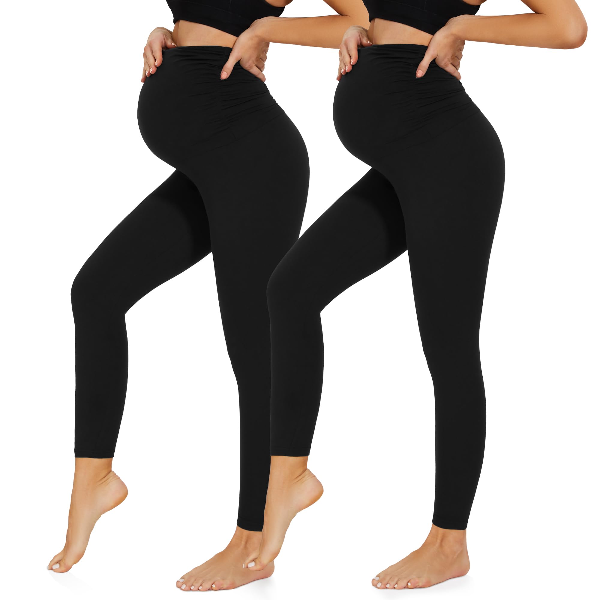 HIPOWER 2er Pack Umstandsleggings Damen High Waist Umstandsmode Weich Schwangerschaftsleggings Blickdicht Sport Umstandshose Elastisch Maternity