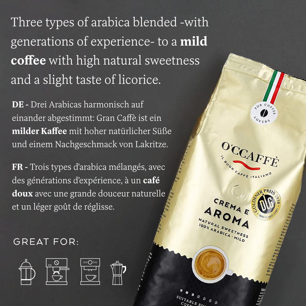 O'CCAFFÈ – Crema e Aroma 100% Arabica Kaffee | 3 x 1 kg ganze Kaffeebohnen | extra langsame Trommelröstung aus italienischem Familienbetrieb