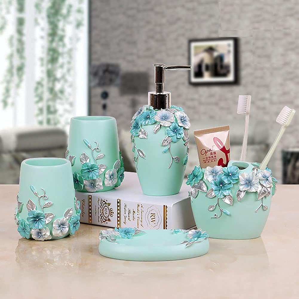 LUANT Vintage Pink Bathroom Accessories, 5Piece Bathroom Accessories Set, Bathroom Set Features, Soap Dispenser, Toothbrush Holder, Tumbler & Soap Dish - Bath Gift Set (Blue)