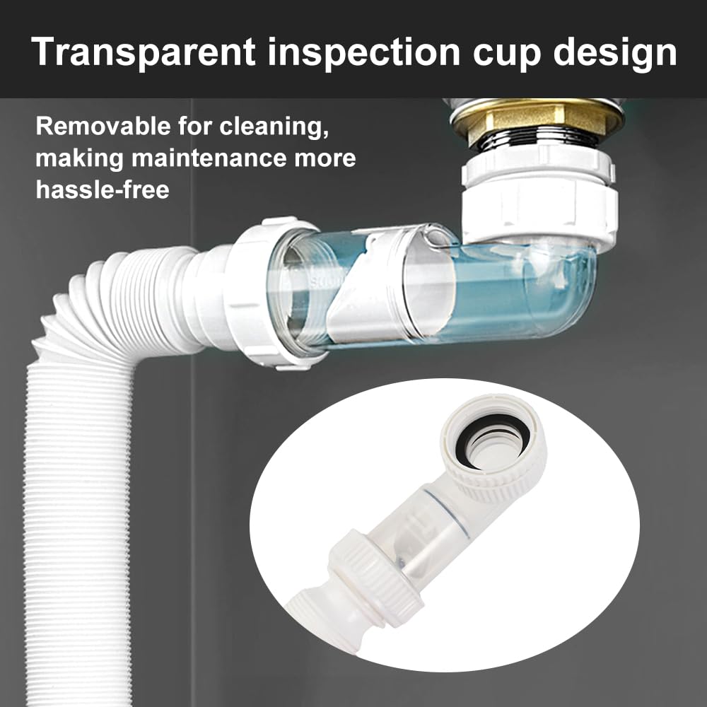 G1 1/4 zoll Siphon Lavabo Evier Cuisine Set, Siphon Plastique Gain de Place, Syphon Salle, Evacuation Evier Adaptable en à l'épreuve des Odeurs, Tuyau de Vidange Flexible Universel pour Salle