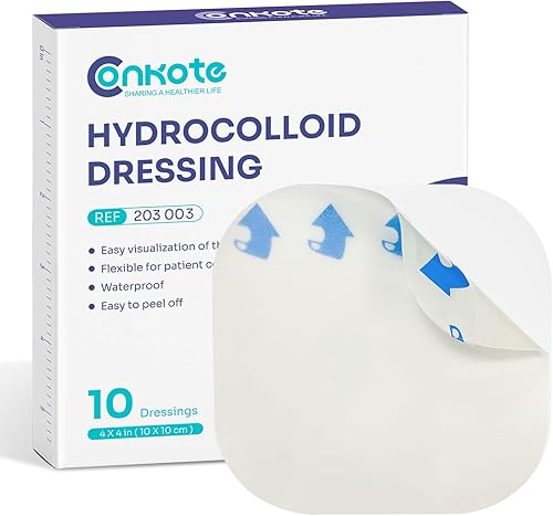 Conkote Apósito hidrocoloide para heridas de 4 x 4 pulgadas, parches adhesivos finos estériles, caja de 10 apósitos
