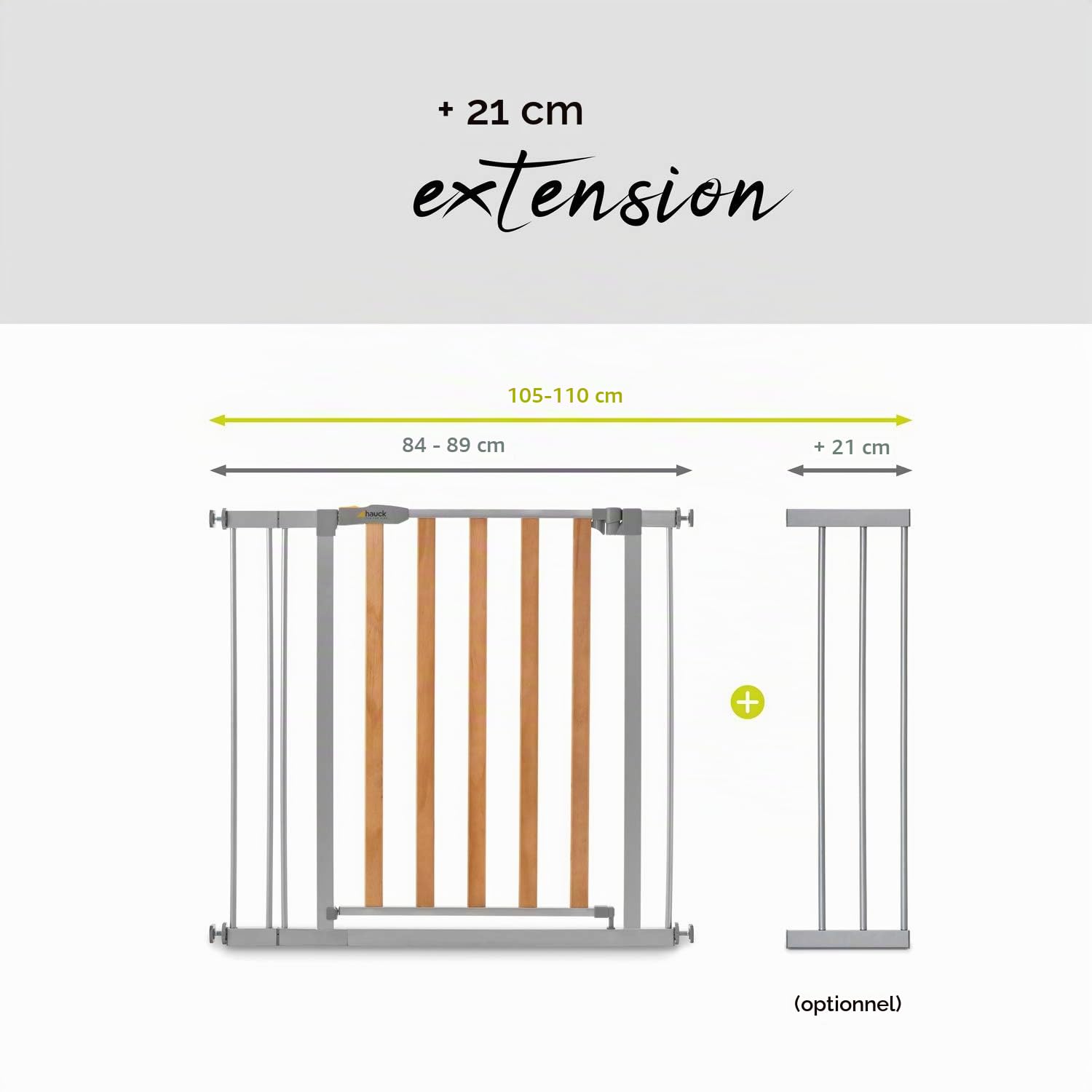 hauck Barrière Sécurité Enfant Extensible Wood Lock 2, 84 - 89 cm, Inclus Rallonge de 9 cm, sans Perçage, Barriere de Porte et Escalier, Bois et Métal Gris