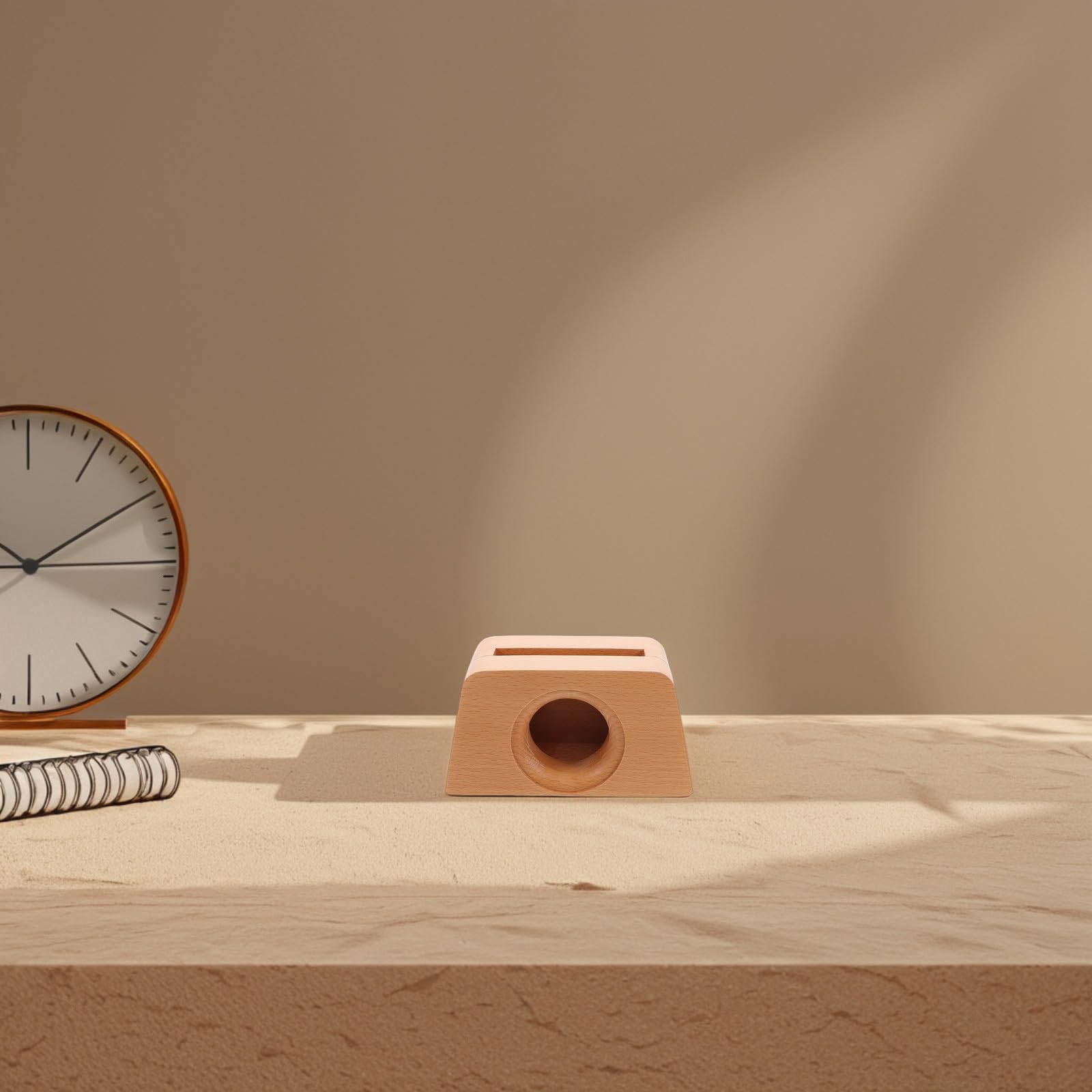 Supporto Cellulare Design Trapezoidale in Legno Amplificatore Acustico Naturale Beige, per Videochiamate e Decorazione da Scrivania
