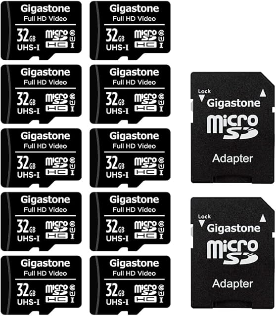 Gigastone Micro SD Card 32GB 10-Pack with 2x SD Adapter + 4x Mini-case, Full HD Video, Surveillance Security Cam Action Camera Drone, 90MB/s Micro SDHC UHS-I U1 C10 Class 10