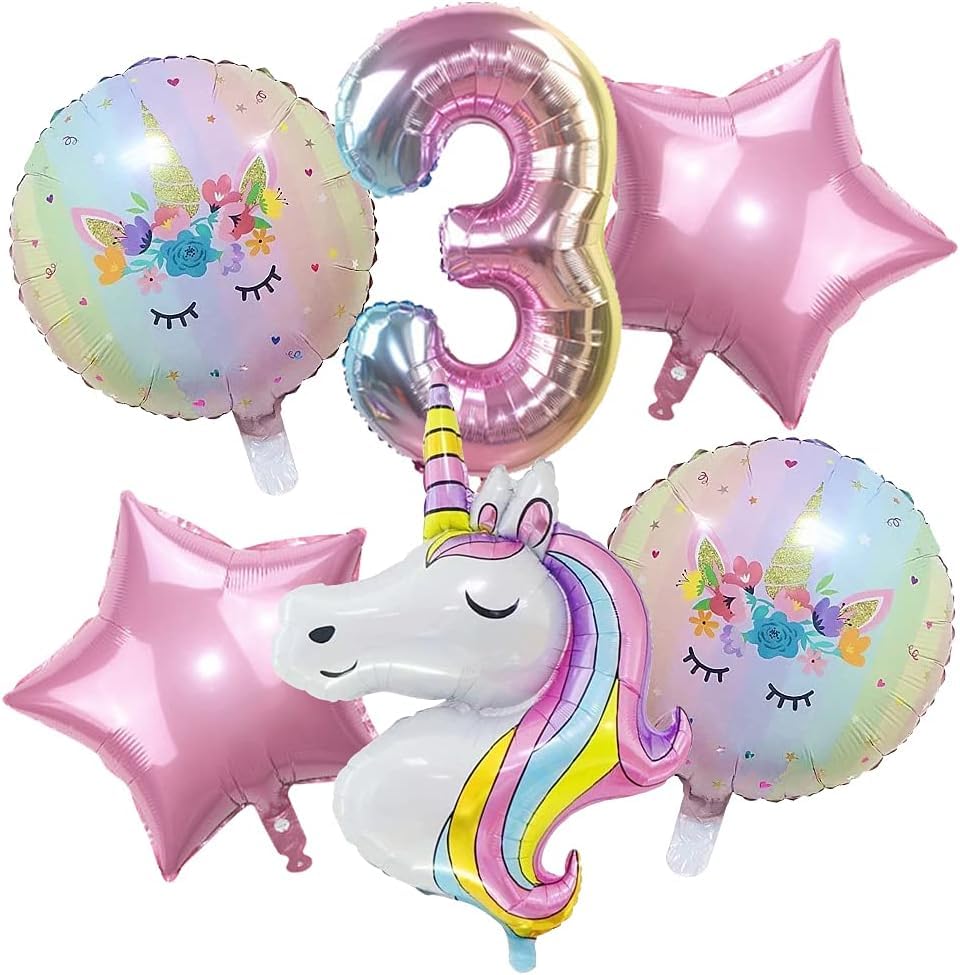 iTellkerUnicorn Balloons Birthday Decorations for Girls Kids, Number 3 Balloon, Large Foil Unicorn Balloon Pink Star For Girl 3rd Birthday Party Supplies (6 Pcs Pack)