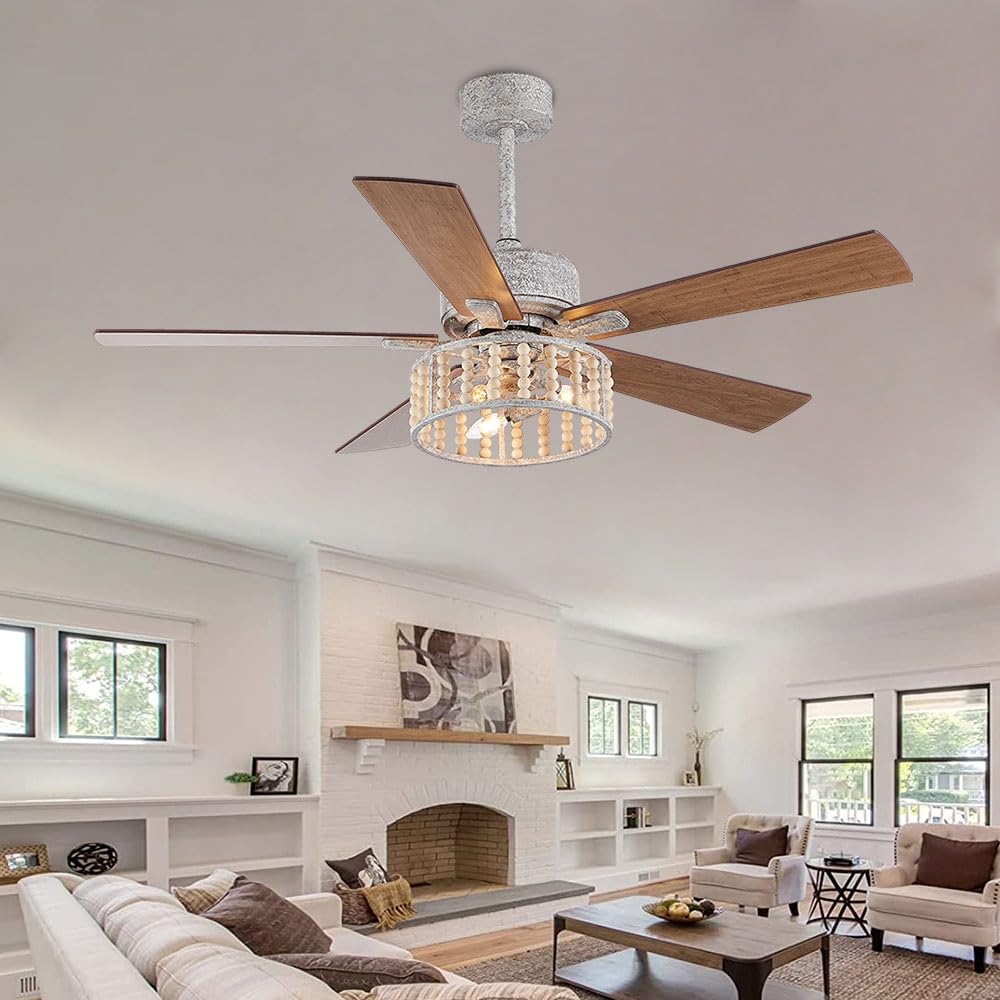 Tropwellhouse Industrial Ceiling Fan with Light Fixture and Remote Control, Indoor Fan Light with Reversible Motor for Bedroom Kitchen Living Room Modern Fan Light Grey 52in