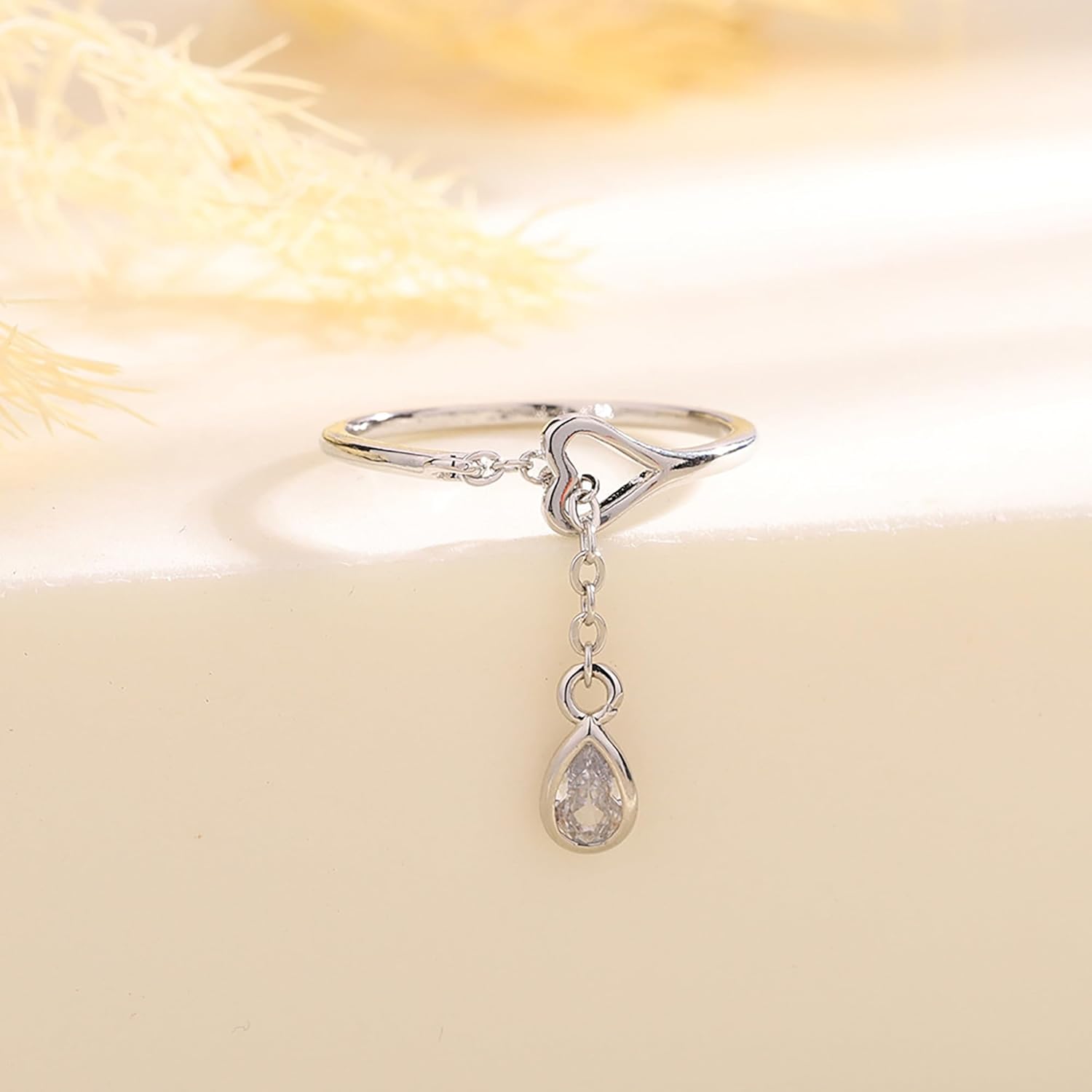 925 Sterling Silver Love Heart Dangle Chain Ring with CZ for Women Cute Adjustable Teardrop Birthstone Crystal Open Finger Knuckle Stacking Ring Promise Eternity Rings Jewelry for Her - Image 6