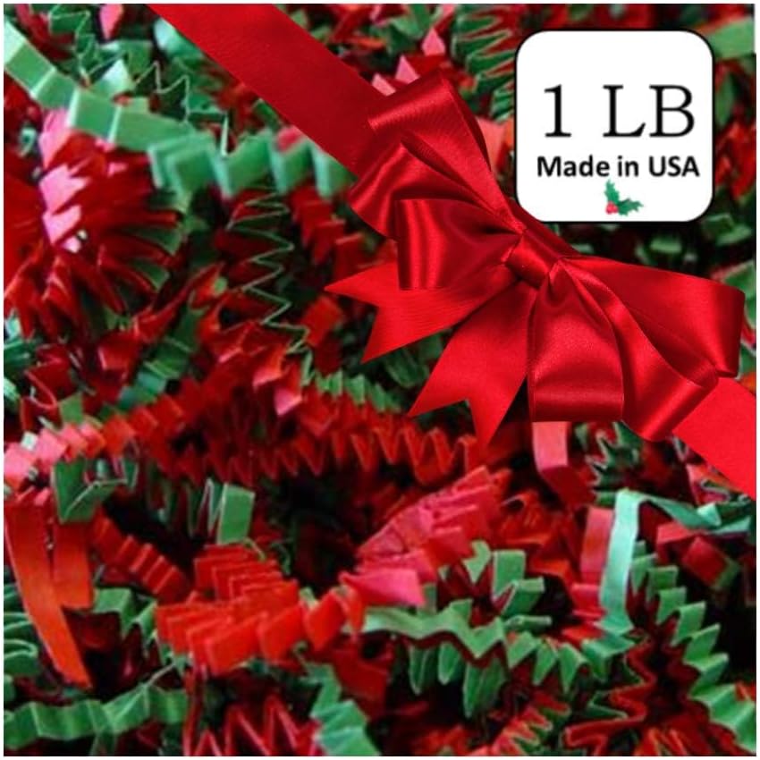 Montplisse Red & Green Crinkle Cut Shredded Paper - 1LB Holiday Shred Filler for Christmas Gift Baskets and Packaging