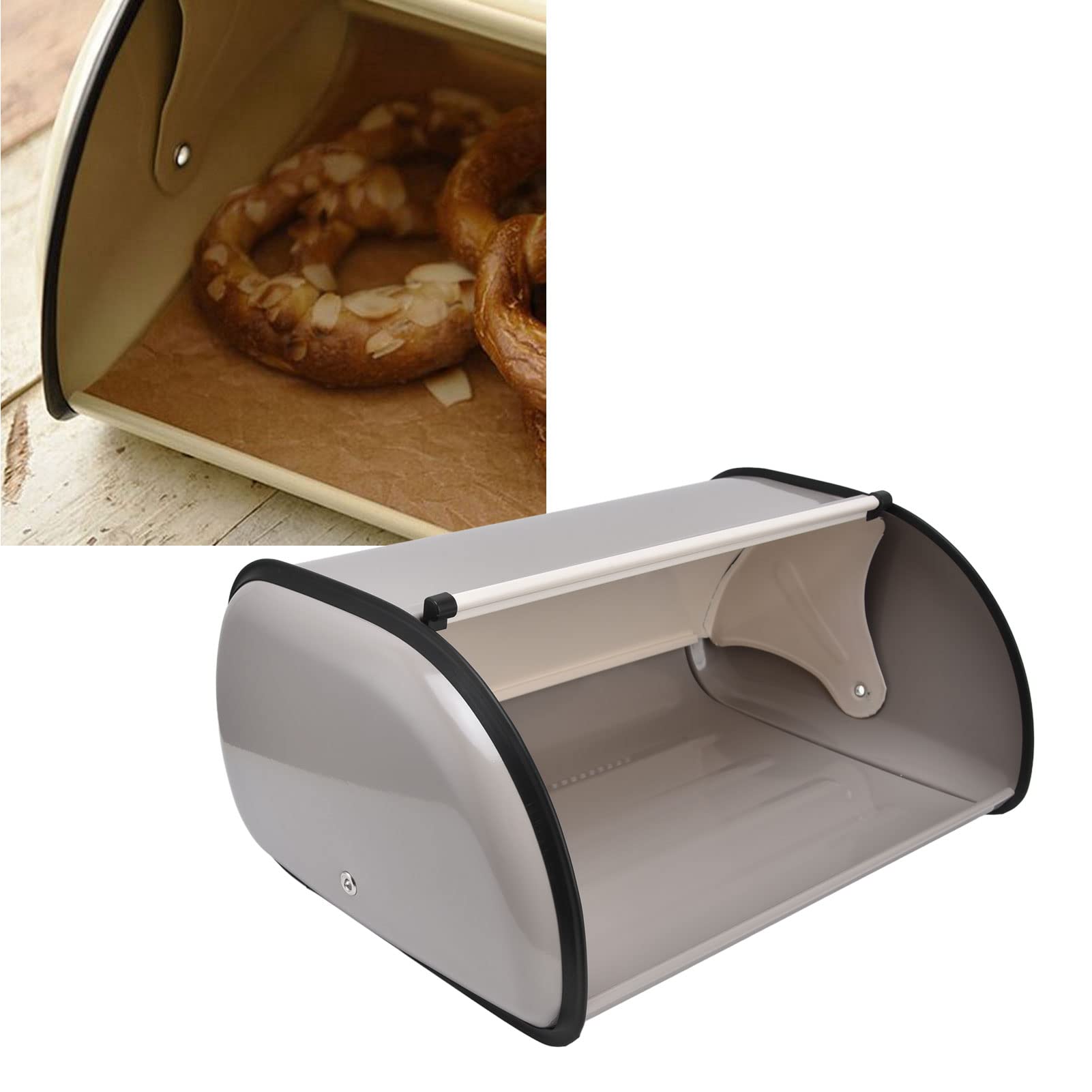 Brotkasten Metall, Grau, Brot Aufbewahrungsbox mit Roll-Deckel, Retro Brotbox für Brot Brötchen Kuchen, 34.5x23x14.5cm
