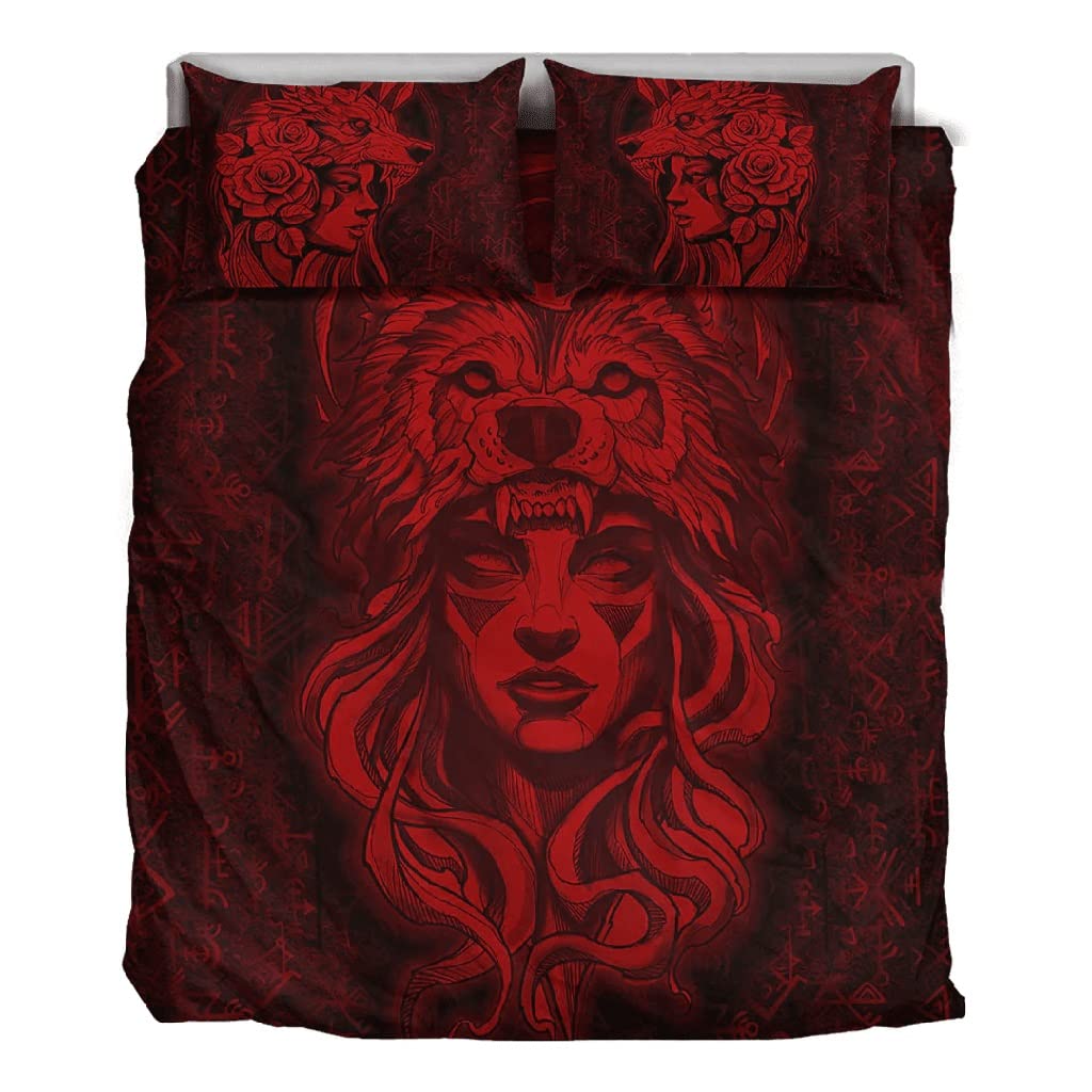 Housse de couette viking impression 3D rouge vintage design monochrome Odin