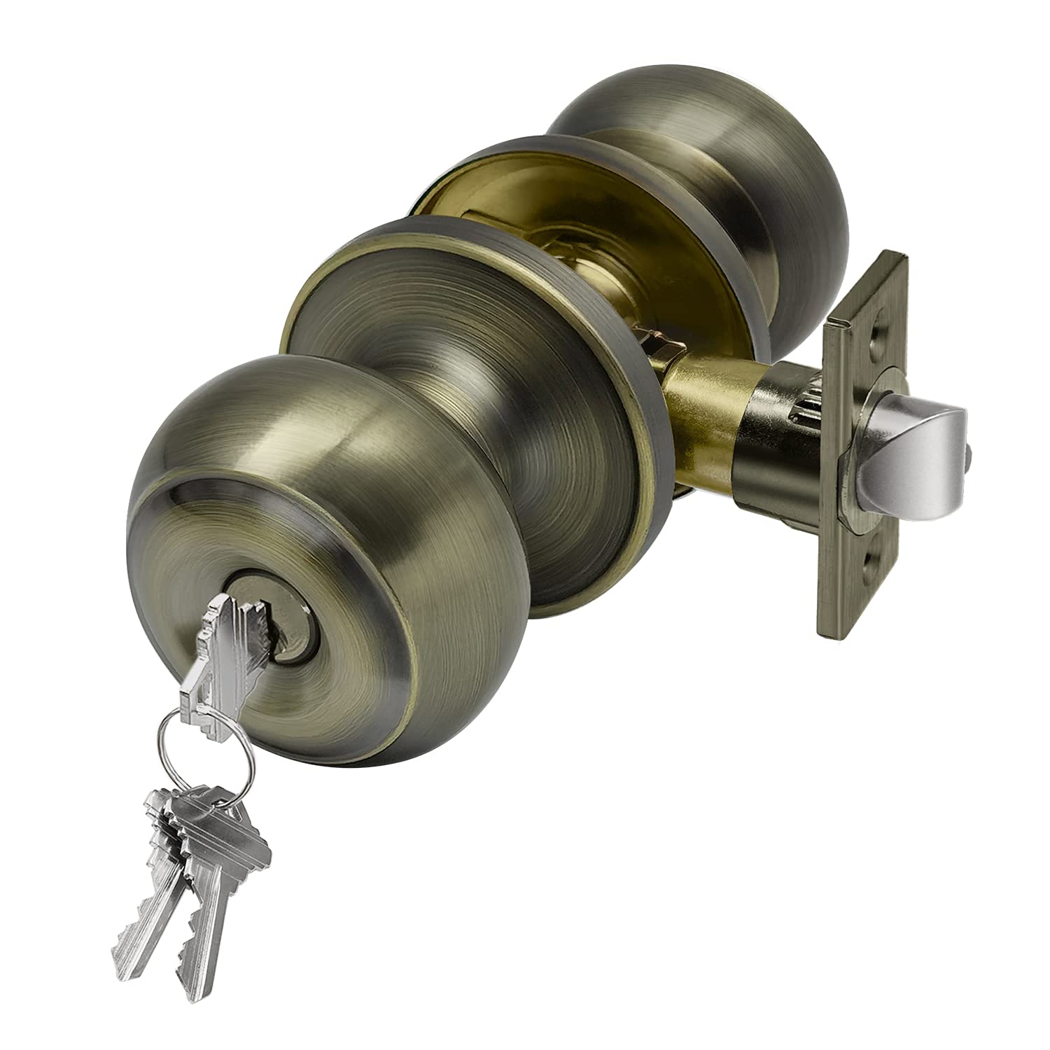 Cml Hardware Antique Brass Entry Door Knob With Removable Latch Plate, Keyed Lock Set In For Entrance, Exterior And Interior, Round Ball Handle