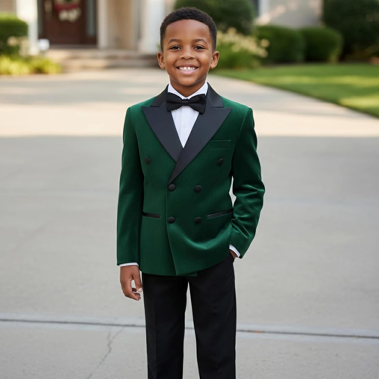 Lamgool Boys Velvet Suit Double Breasted Slim Fit 4 Piece Formal Tuxedo Peak Lapel Kids Outfits Wedding Set