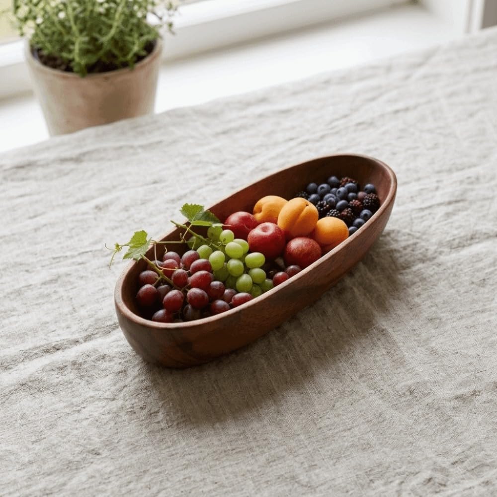 Brown Boat-Shaped Wooden Salad Bowl Handcrafted Solid Wood Multipurpose Kitchenware Serving Bowl for Fruits, Snacks, Desserts(S) image 5