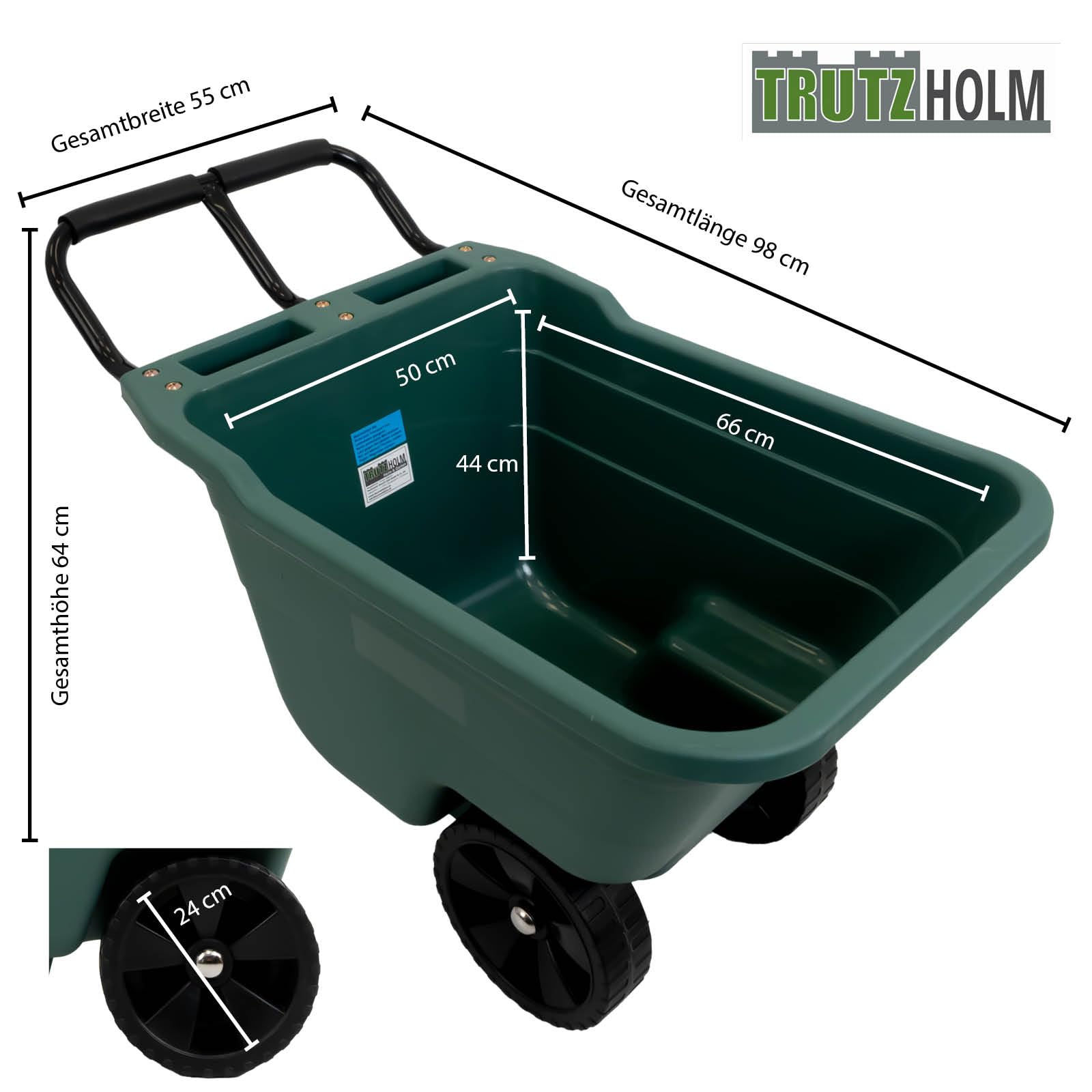 TRUTZHOLM Gartenwagen Transportwagen Schubkarre 250 kg Tragkraft – robuste Kunststoffwanne 98x55x64 cm, Stahlgriff grau gepolstert, 8 kg Gewicht, kippsicher, ideal für Erde, Laub, Holz, Einhandkarre