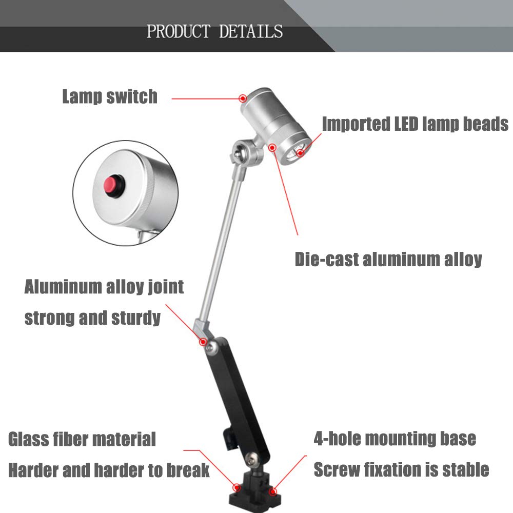 Wodoszczelna lampa robocza LED ze stopu aluminium, 7 W, 220 V, składana lampka, lampa narzędziowa ze stałym cokołem i przełącznikiem, do wszystkich stołów warsztatowych obrabiarek