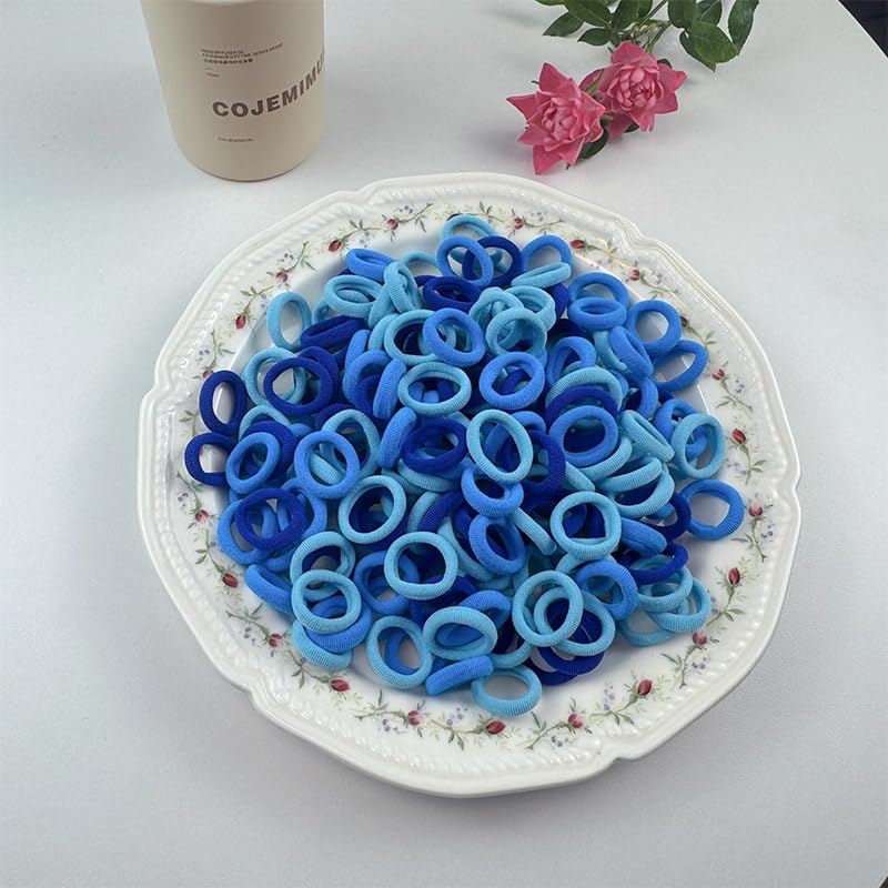 100 Pcs Small Girls Hair Bands Baby Bobbles Soft Toddler Hairbands Mini Hair Ties for Kids Girls Young Chidren with Storage Box Blue