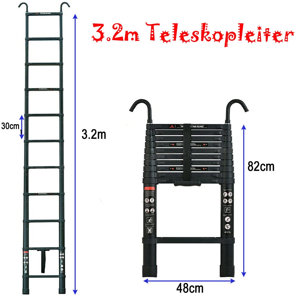 Teleskopleiter Klappleiter 3,2m, Sprossenleiter Aluminium, Schiebeleiter rutschfest Verlängerungs Leiter für Wohnmobil/Dachboden/Büro/Warenhaus, Leicht zu Tragen, EN131, 150kg Tragkraft