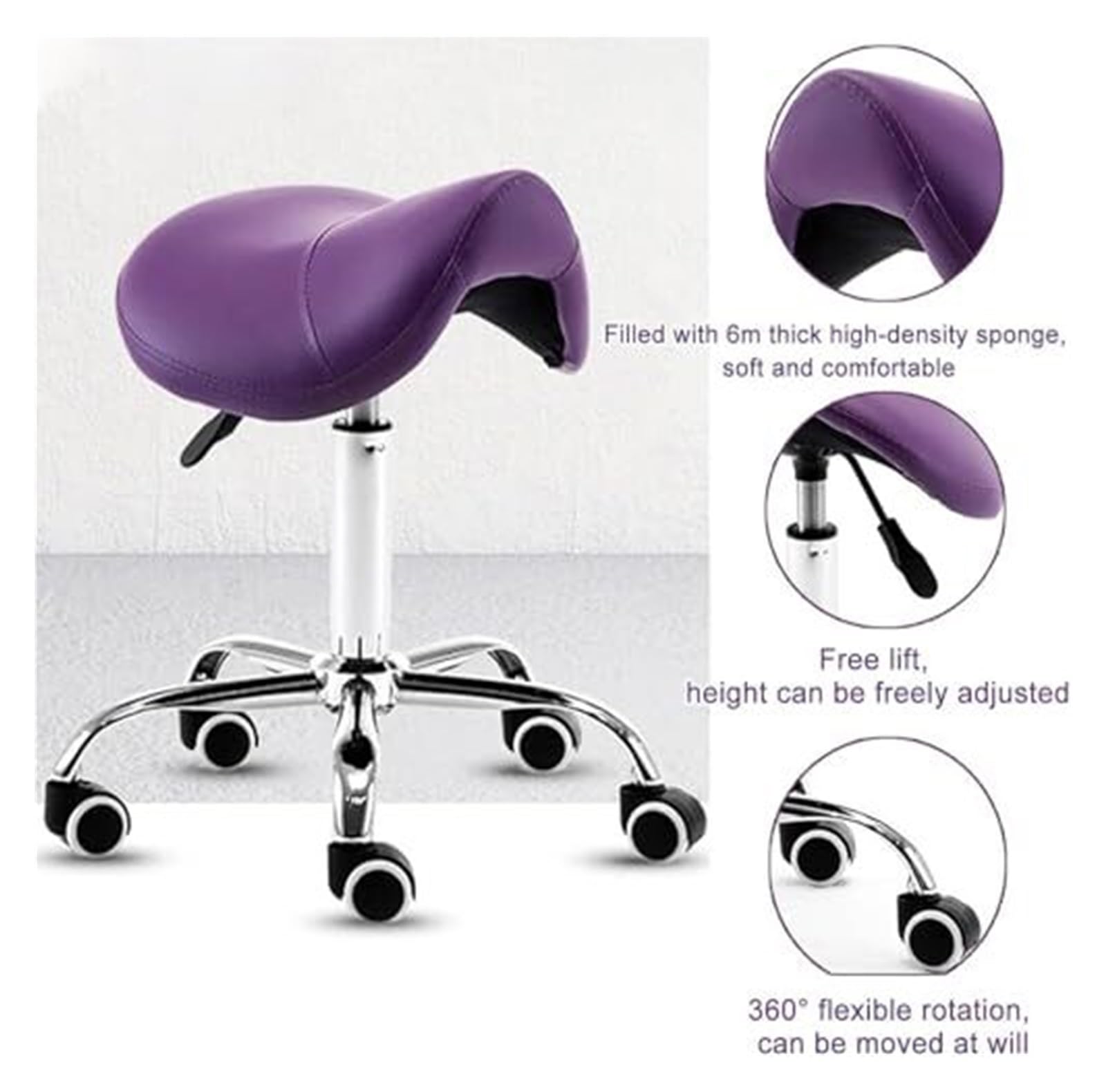 Hydrauliczny taboret siodłowy z kółkami, regulowana wysokość 48-58 cm do klinik, spa, salonów