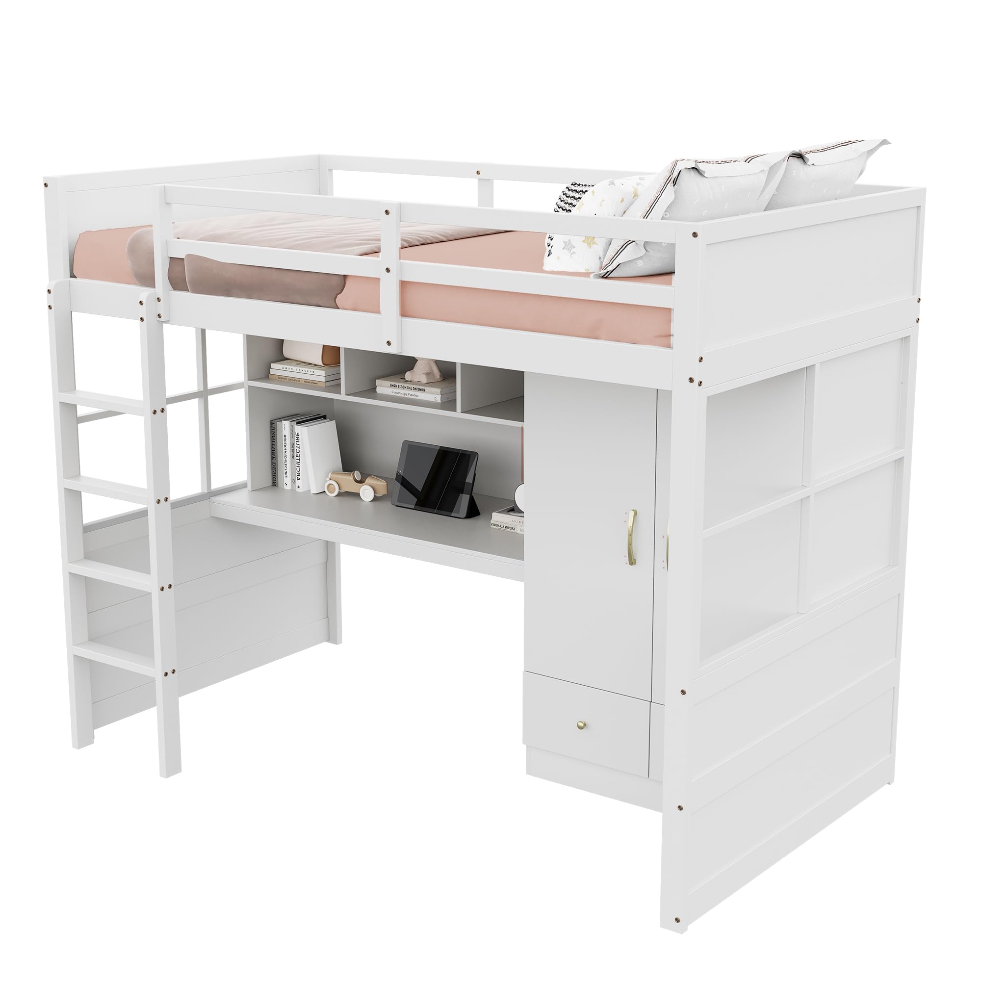 Kinderbett 90x200 cm, Hochbett mit Schreibtisch, Tisch mit Staufach, Kleiderschrank mit 2 Stauschublade, Etagenbett, Jugendbett, Bettgestell mit Lattenrost, Weiß, ohne Matratze