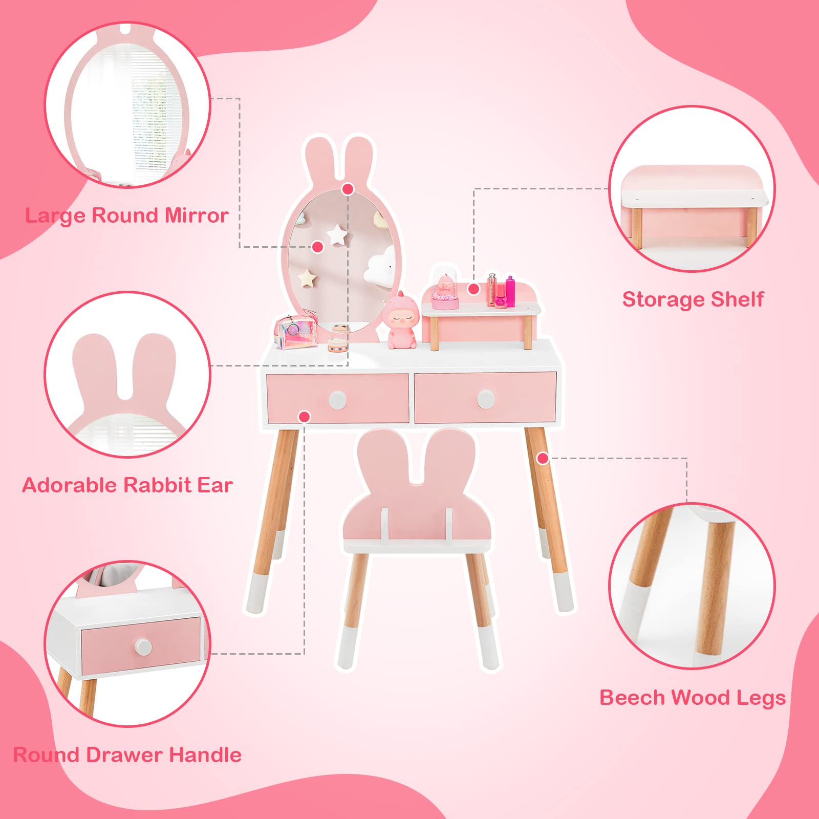 RELAX4LIFE 2 in 1 Toeletta Trucco Bambina con Specchio e Sgabello, Set Tavolo da Trucco con 2 Cassetti, Centro di Bellezza, Giocattolo da Trucco per Bambini dai 3 ai 7 Anni (Rosa)