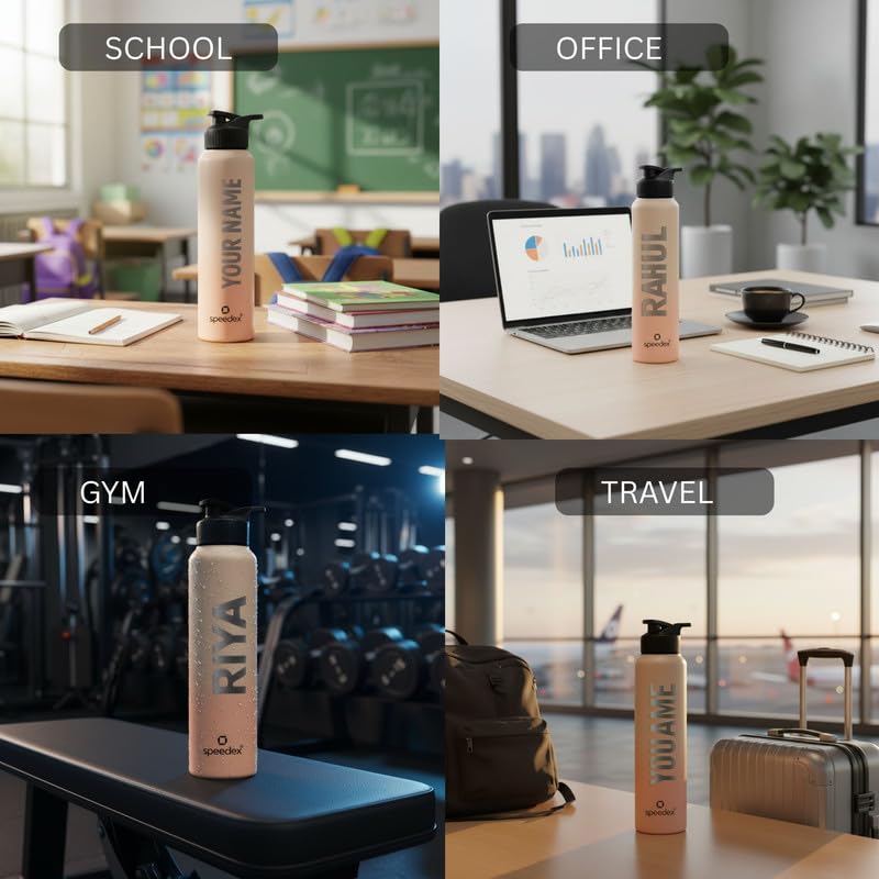 Image of Speedex Customised Stainless Steel Water Bottle 1 Ltr with Name - Personalised Engraved Sipper Cap Bottle for Kids, Men & Women, School, Gym, Office Peach Orange, Set of 1