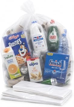 Abbey Pack of 100 Clear Plastic Recycling Bin Bags 90L   Transparent Recycling Bags for Kitchen, Bathroom, Bedroom, Office   Polythene Bin Liners bags  Clear Refuse Sacks 18 x 29 x 39 Inch   64 Gauge