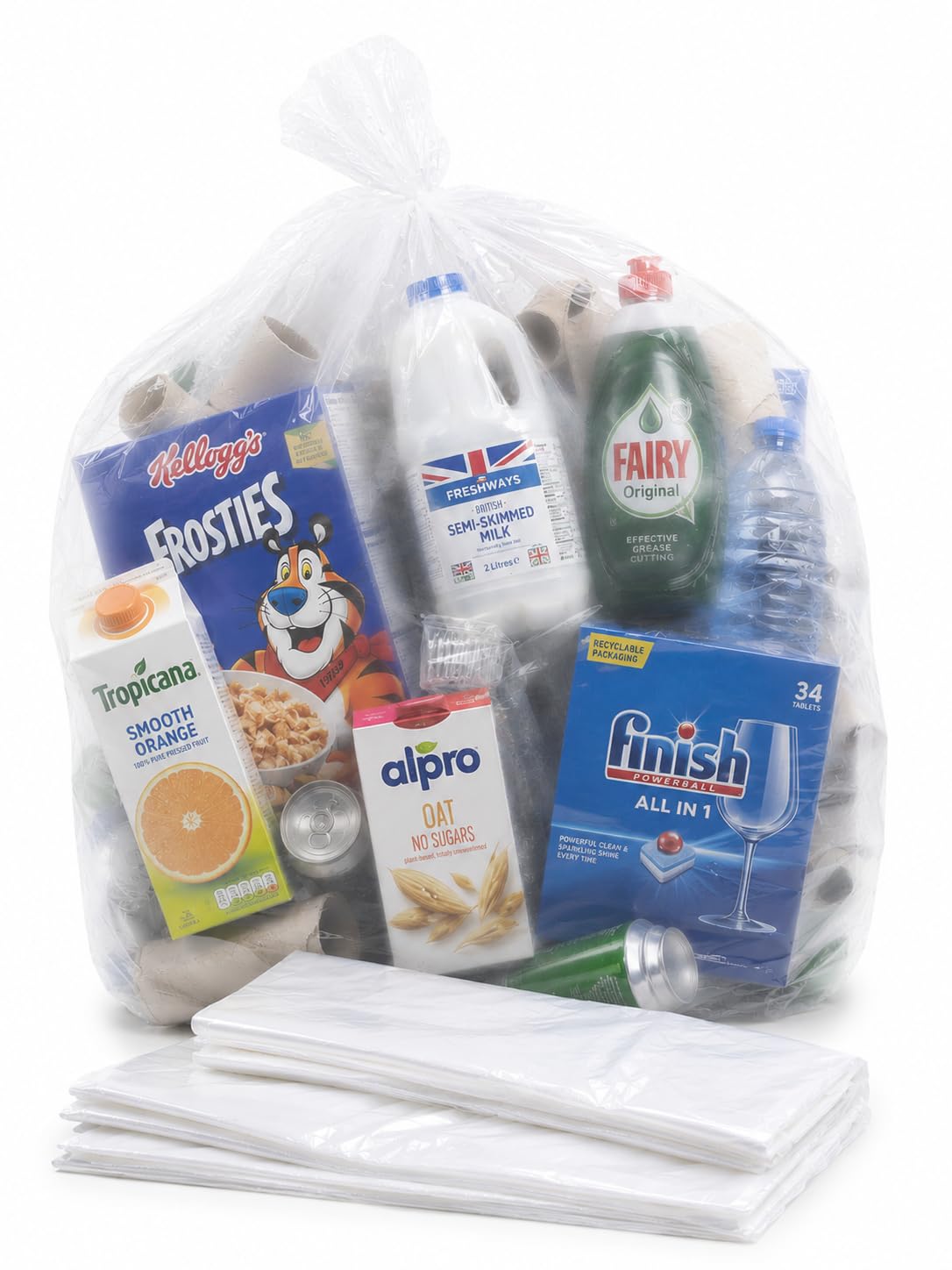 Abbey Clear Pack Of 100 Plastic Recycling Bin Bags 90L – Transparent Recycling Bags For Kitchen, Bathroom, Bedroom, Office – Polythene Bin Liners Bags – Refuse Sacks 18 X 29 X 39 Inch – 64 Gauge