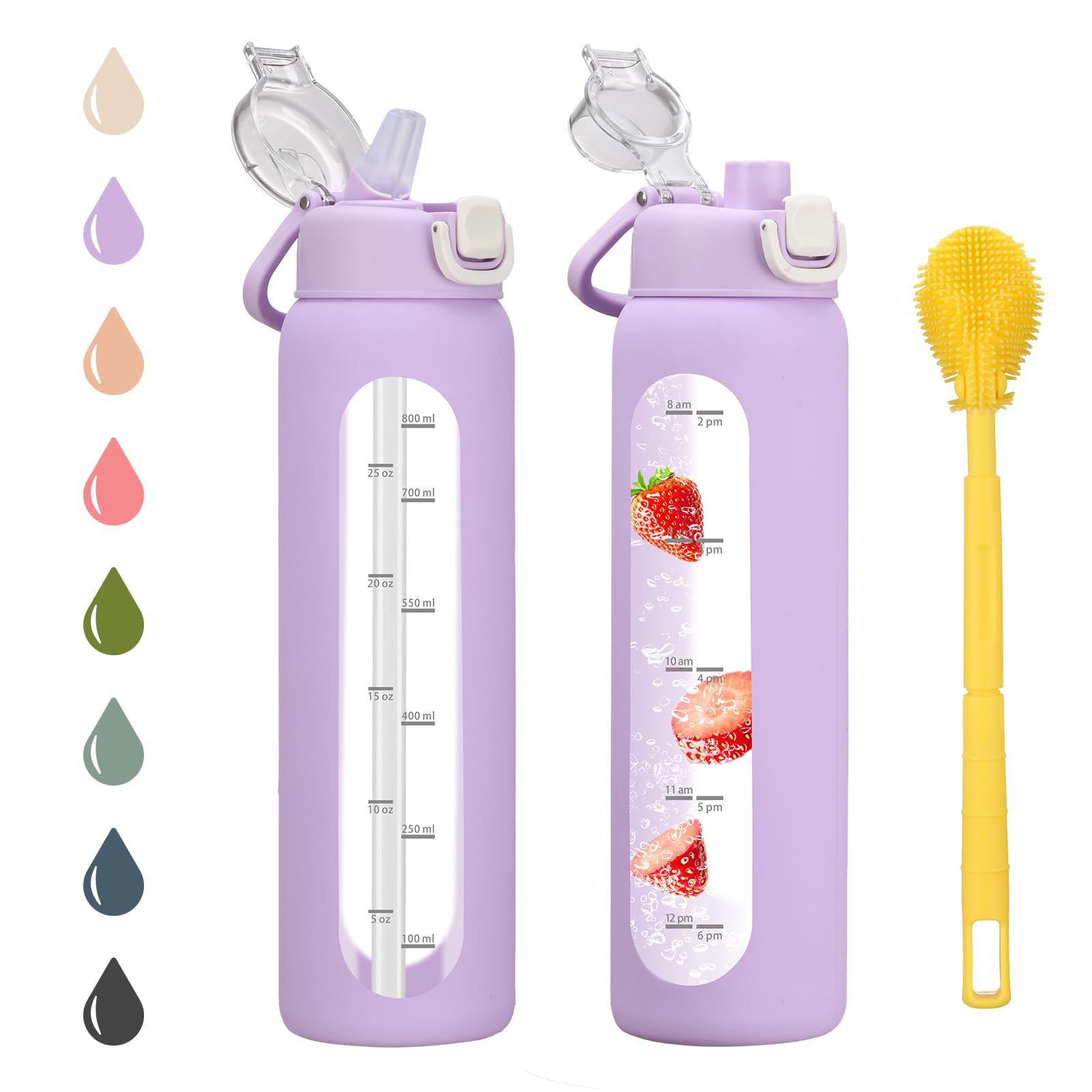 chunmo Bouteille d'eau en verre de 950 ml avec 2 couvercles, couvercle à bec verseur et couvercle à paille, bouteille d'eau motivante en borosilicate de 1 litre avec marqueur de temps et manchon en