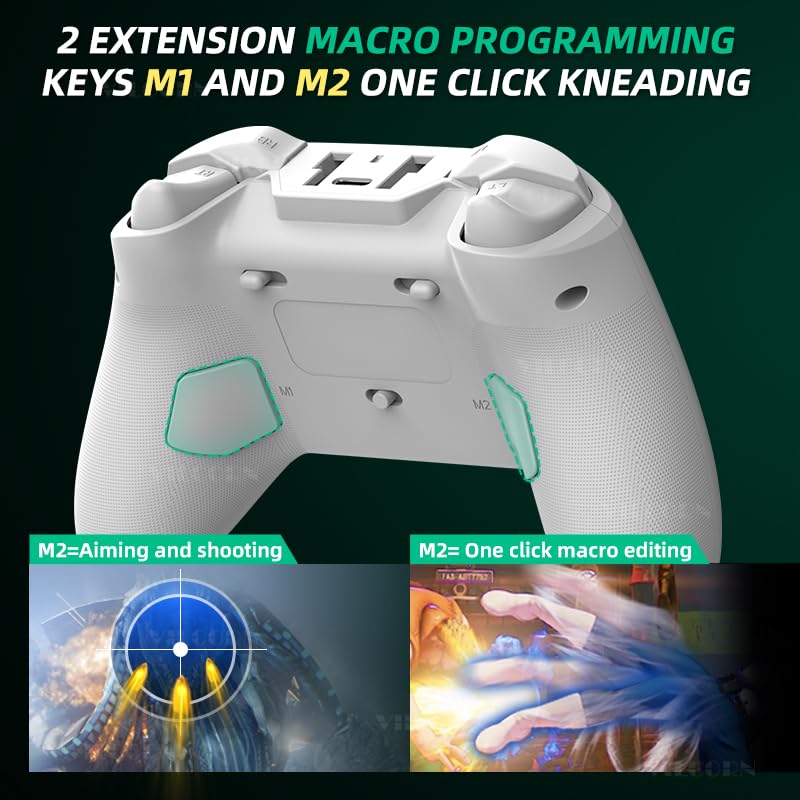 Image highlighting the M1 and M2 macro programming keys on the back of the controller, with examples of their use like aiming and shooting or one-click macro editing.