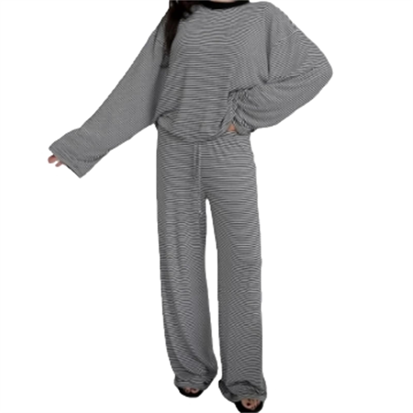 Zestaw wypoczynkowy w paski damska na co dzień wygodna piżama oversize okrągły dekolt koszulka z długim rękawem spodnie z szerokimi nogawkami 2-częściowy zestaw