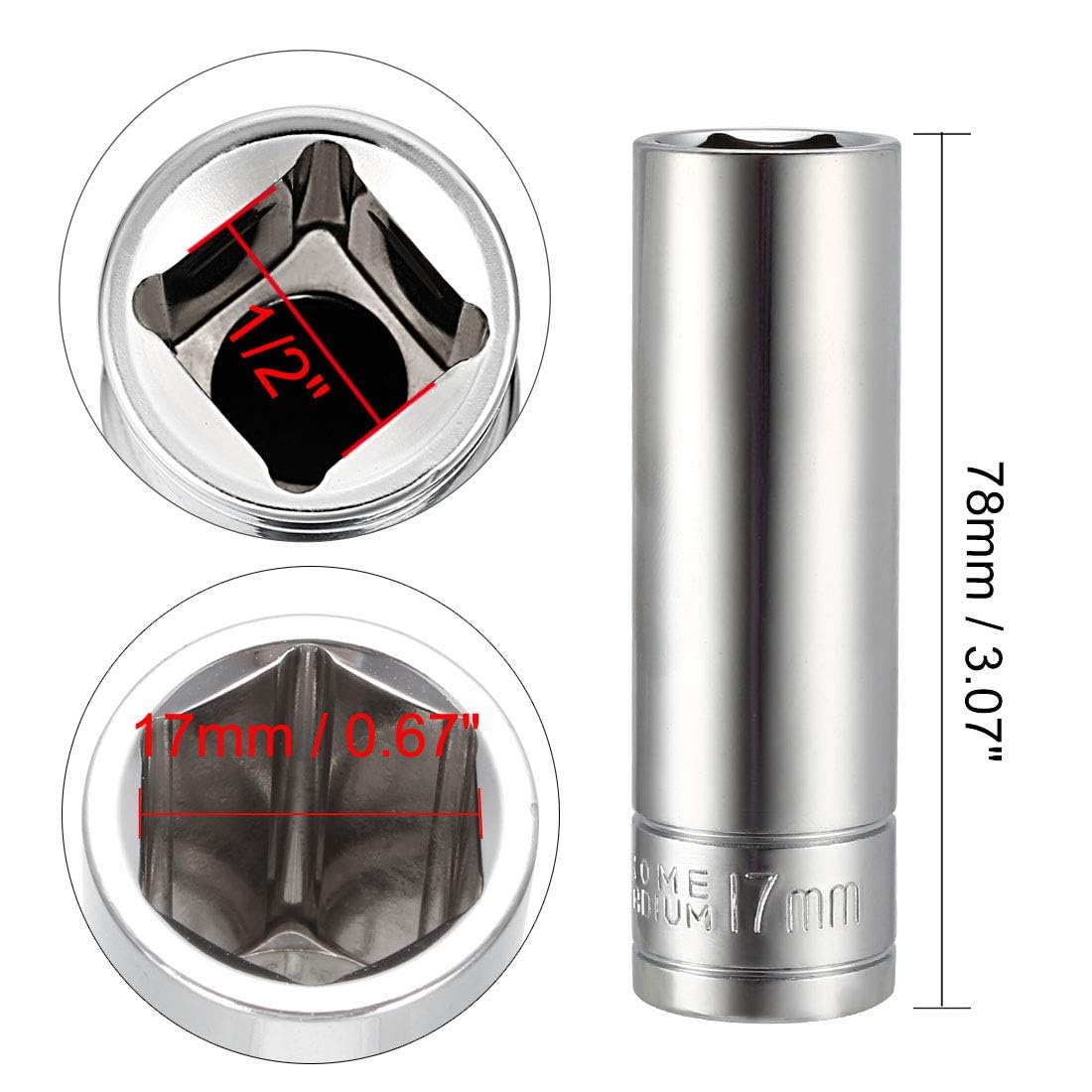 TOP-VIGOR 1/2 Inch Drive 17mm 6-Point Deep Socket, Metric, Cr-V Drive Socket (Polishing) for Auto Repairing and Household - Image 2