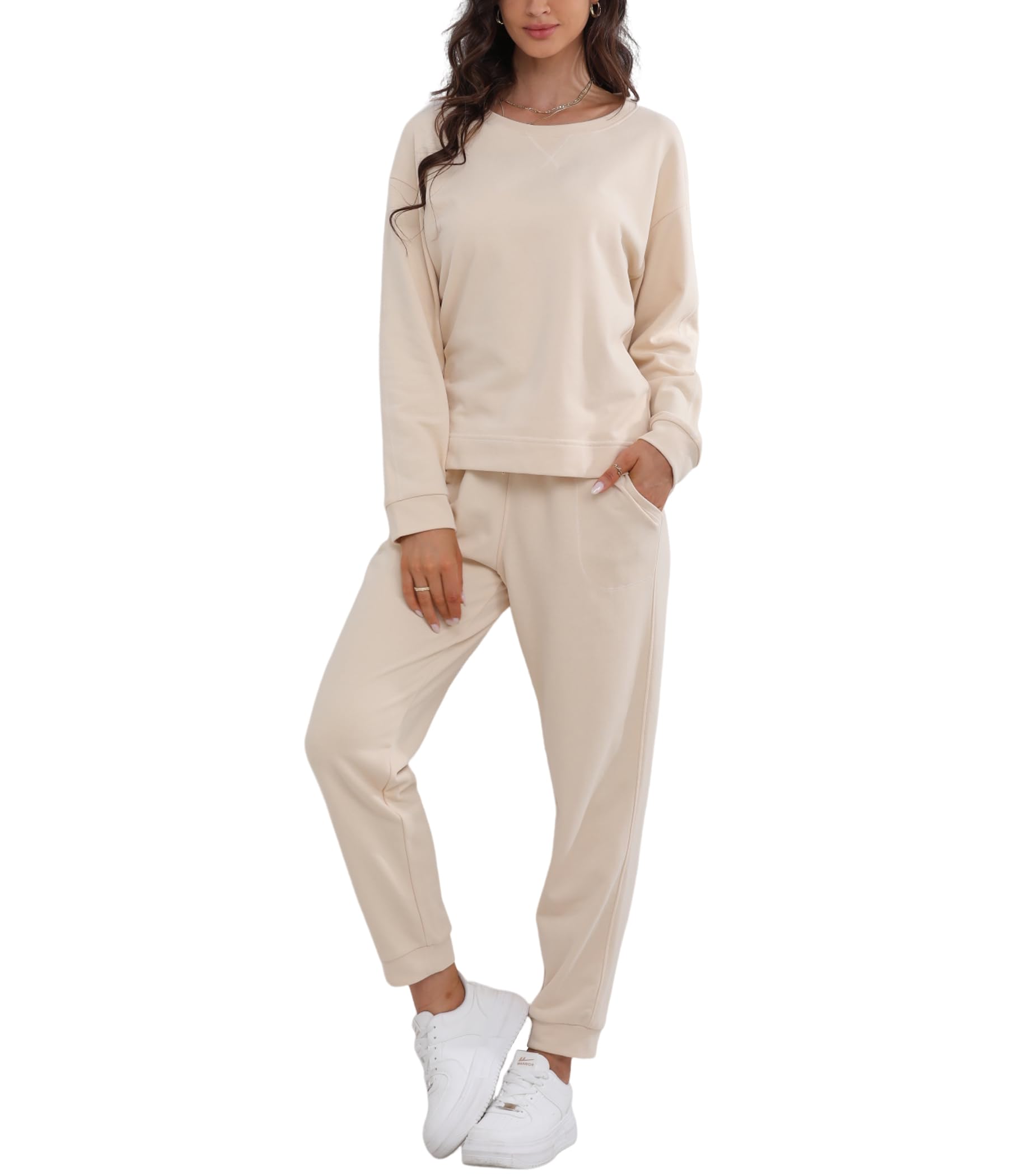 DAVID ARCHY Conjunto de pijama de algodón para mujer, suave, cómodo, cuello redondo, manga larga, sudadera y pantalones deportivos