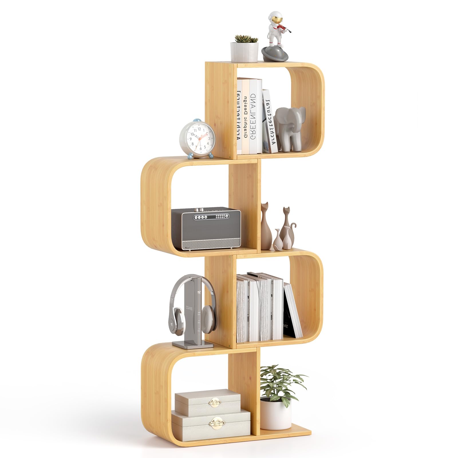 COSTWAY 2/3/4-Tier S-Shaped Bookcase, Bamboo Bookshelf Decorative Storage Organizer with 2/3/4 Open Cubes, Home Office Geometric Corner Display Shelf (1, 61 x 23 x 134 cm)