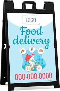 Custom Food Delivery Sandwich Board/A Frame Sign Kit, Personalized Text and Logo Sign with Two Panel Indoor/Outdoor Sign, 24x36 Inches, with A Frame Stand, Made in USA