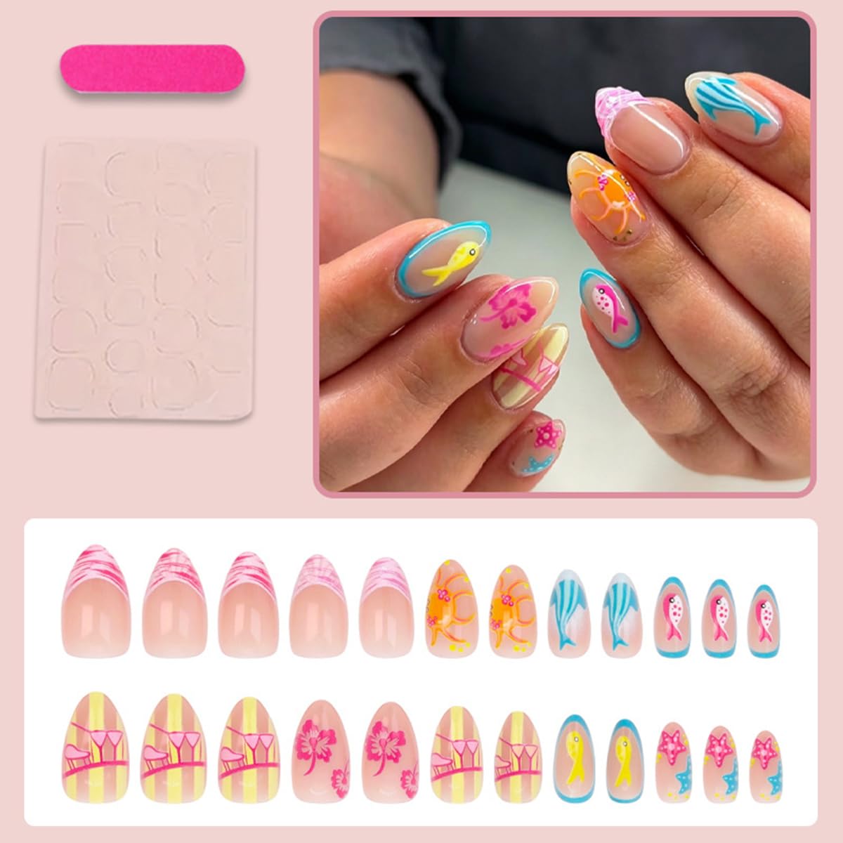 Summer French Tip Press on Nails Short Almond Fake Nails Press ons with Beach Starfish Fish Design Pink Blue Glue on Nails Acrylic False Nails Full Cover Nude Glossy Stick on Nail for Women 24Pcs
