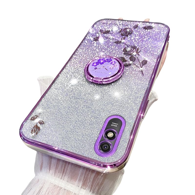 Silicone Cover for Redmi 9A Case, Soft TPU with Metal Ring Stand Protection Cover Luxury Plating Glitter Cute Flowers Design Case Compatible with