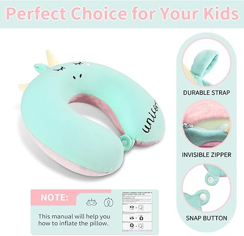 Miniatura 5 de Almohada de viaje para el cuello para niños, almohada de espuma viscoelástica de avión de unicornio con bonita máscara de sueño y tapones para los