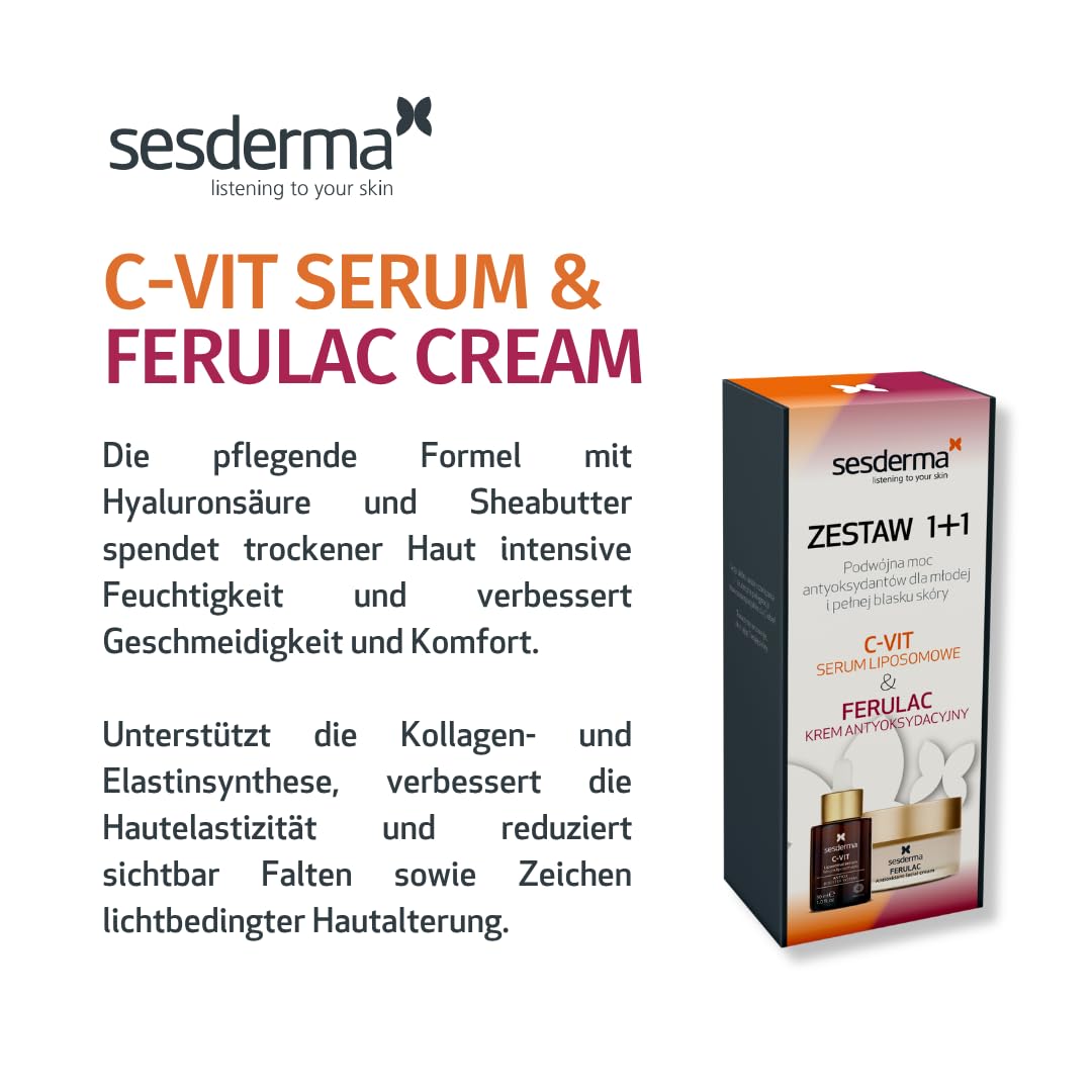 Sesderma FERULAC + C-VIT Set – Antioxidative Gesichtspflege mit Ferulasäure & Vitamin C, Anti-Aging Creme 50 ml + Liposomales Serum 30 ml, Schutz vor Photoaging & strahlender Teint