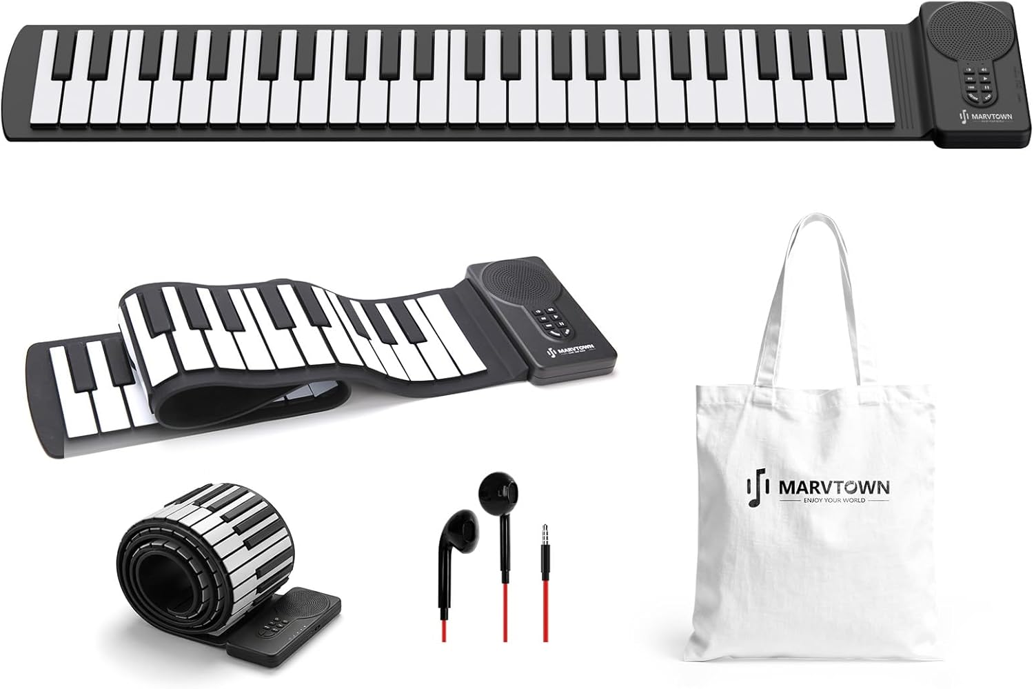 MARVTOWN 49Key Roll Up Digital Piano Keyboard, Portable Electronic Piano with speaker, 8 Tones, 6 Demo Songs, Rechargeable Flexible Electric Piano keyboard for Beginners and Practice（Black&White）