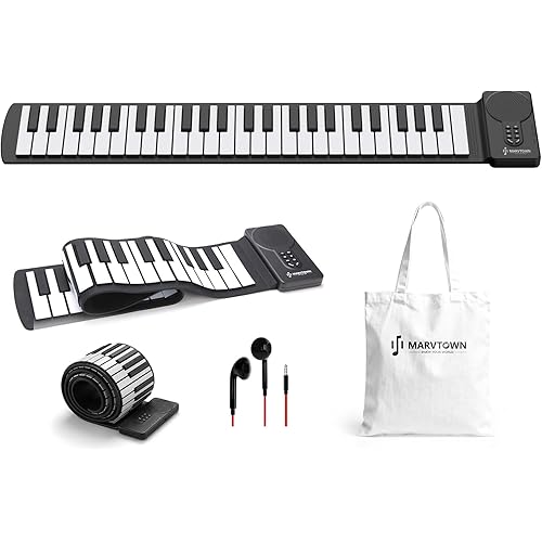 MARVTOWN 49Key Roll Up Digital Piano Keyboard, Portable Electronic Piano with speaker, 8 Tones, 6 Demo Songs, Rechargeable Flexible Electric Piano keyboard for Beginners and Practice（Black&White）