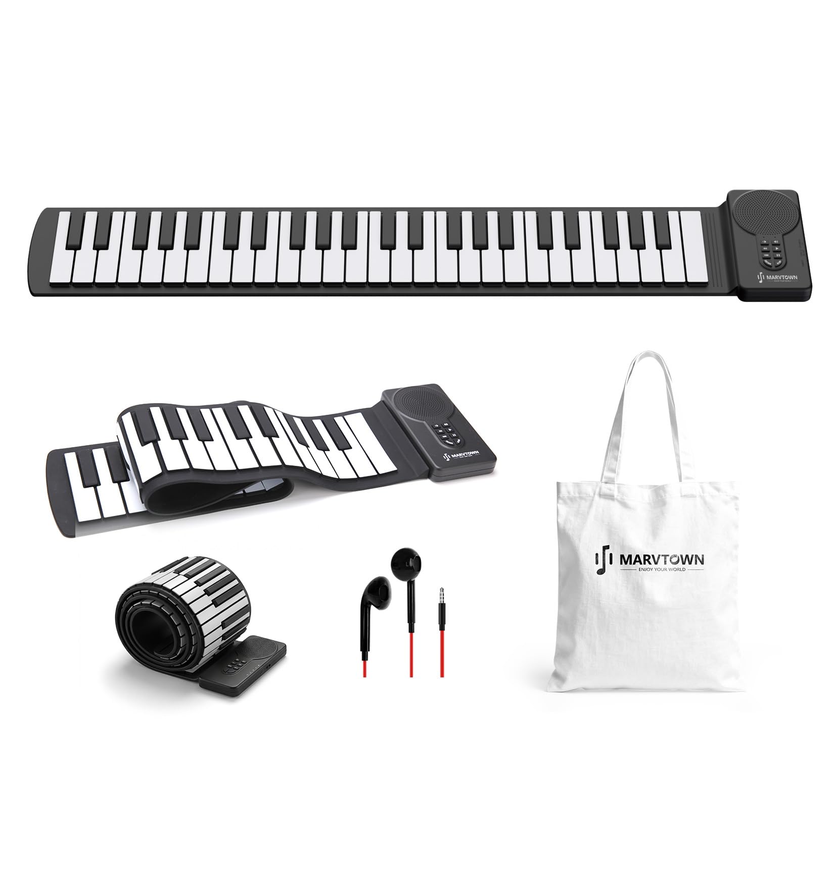 MARVTOWN 49Key Roll Up Digital Piano Keyboard, Portable Electronic Piano with speaker, 8 Tones, 6 Demo Songs, Rechargeable Flexible Electric Piano keyboard for Beginners and Practice（Black&White）