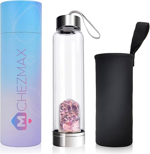 Vista 102 de ChezMax Botella de agua de cristal con centro de cristal natural A - Cristal rosa