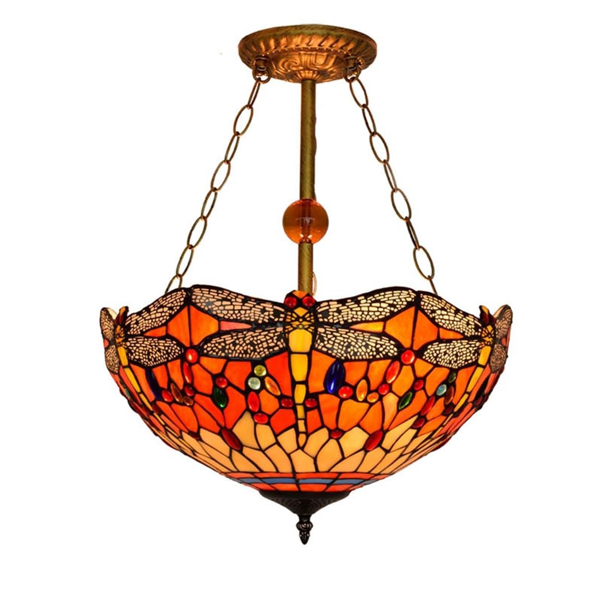 Granestner 16 Inches Tiffany Lamp Stained Glass Ceiling Pendant Light Vintage Deco Red Dragonfly Hanging Reverse Chandelier for Bedroom Dining Living Room Corridor